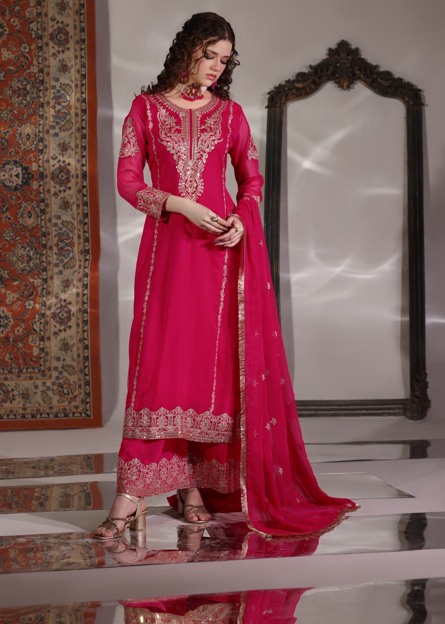 pk chiffon Kurta Set in Hot pink