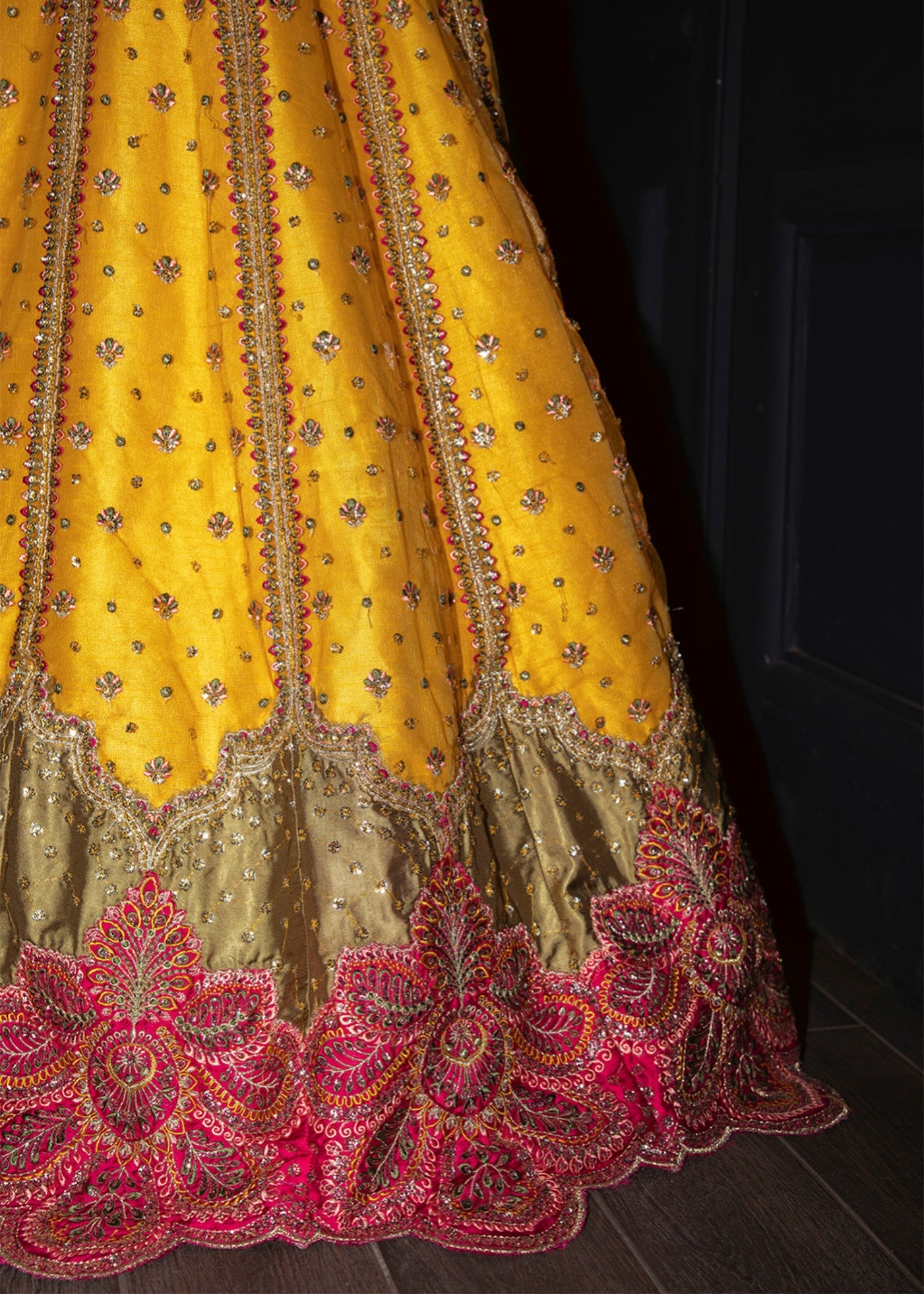 net Lehenga in Mustard