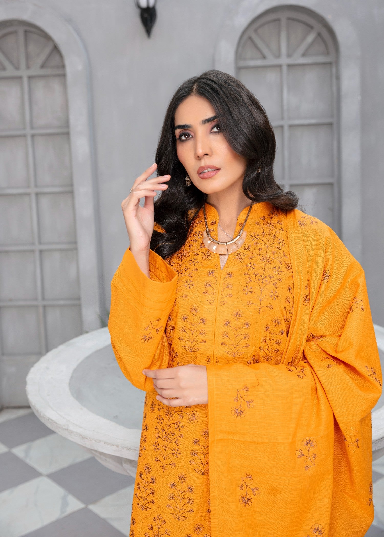 khaddar Unstitched in Pumpkin orange