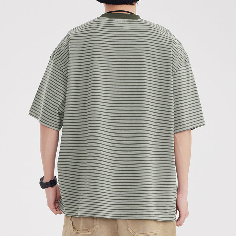Vintage Stripe Patchwork Pocket Men's Loose Trendy Casual All-matching Half Sleeve