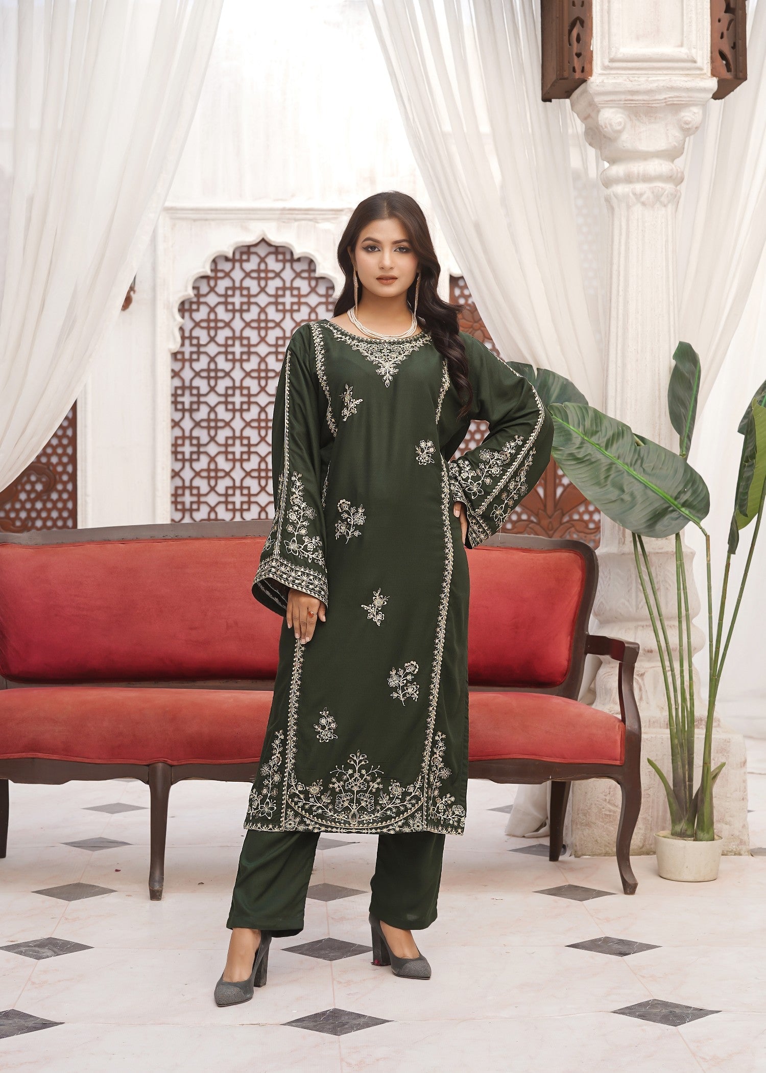 arabic lawn Kurta Set in Green