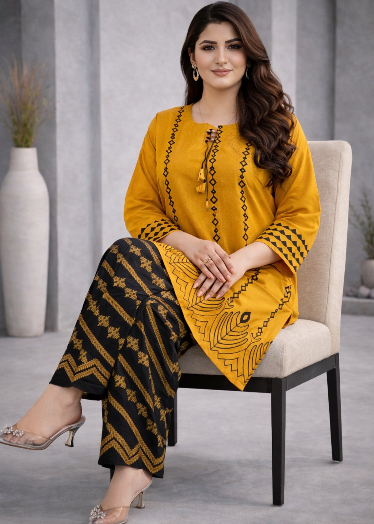 linen Kurta Set in Black, mustard