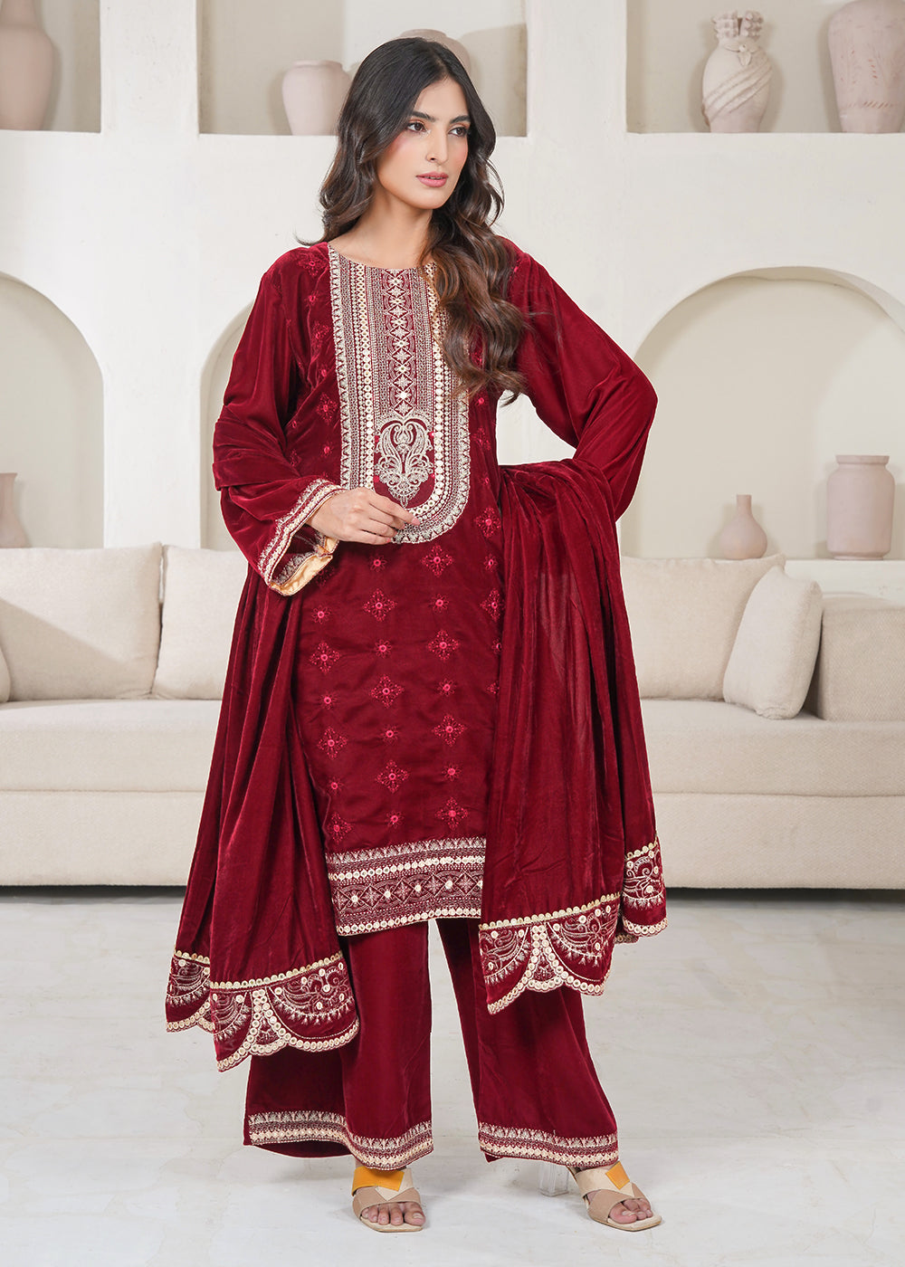 velvet Kurta Set in Maroon