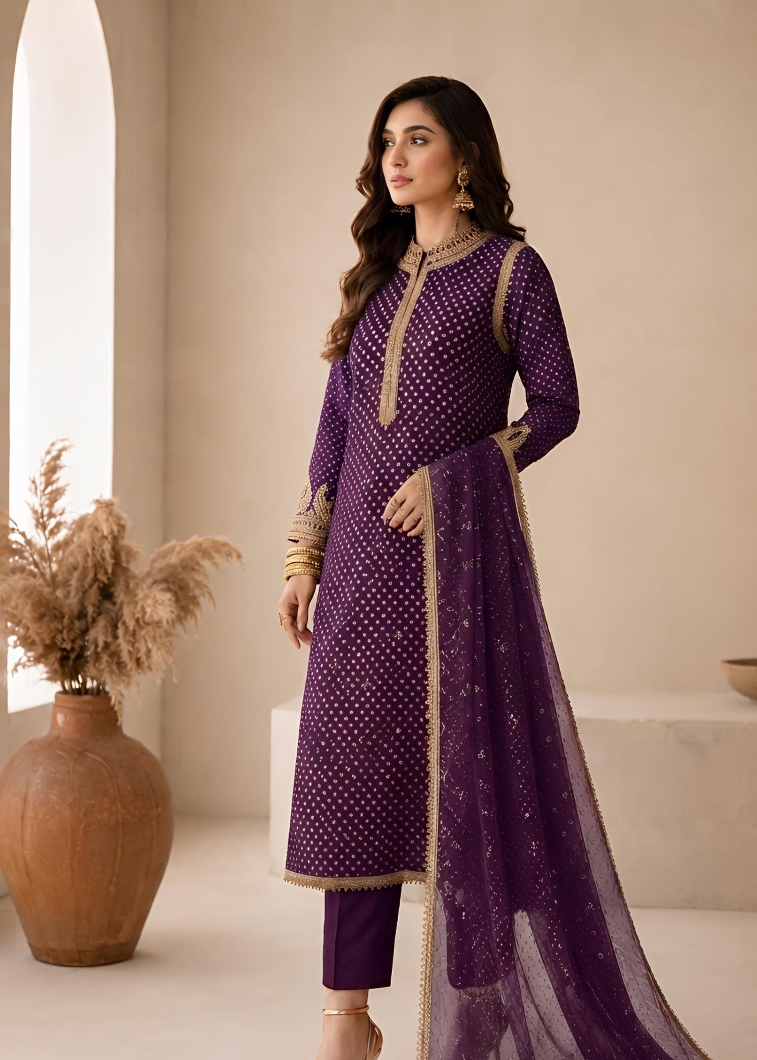 swiss lawn Kurta Set in Plum purple