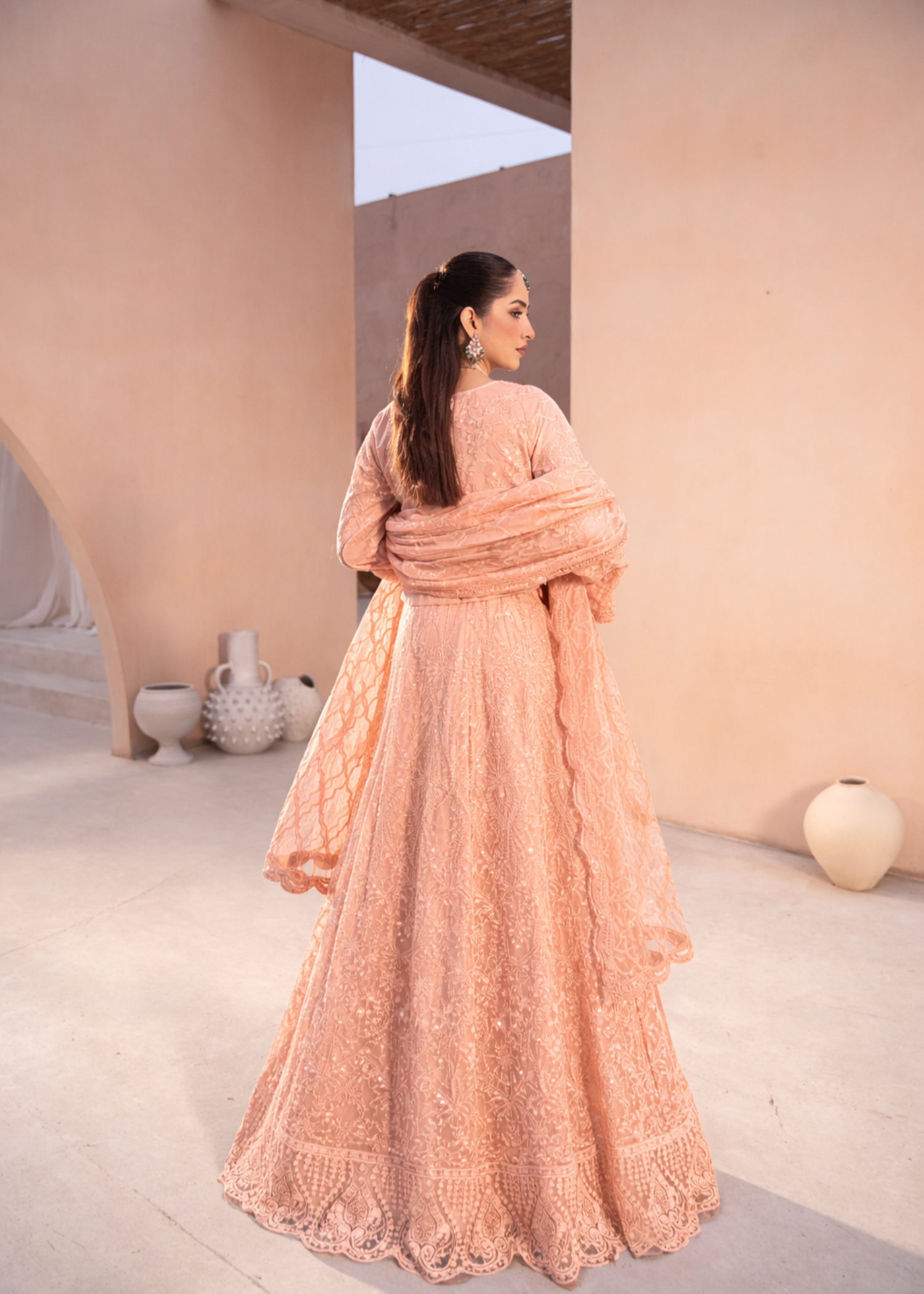 net Lehenga in Peach orange
