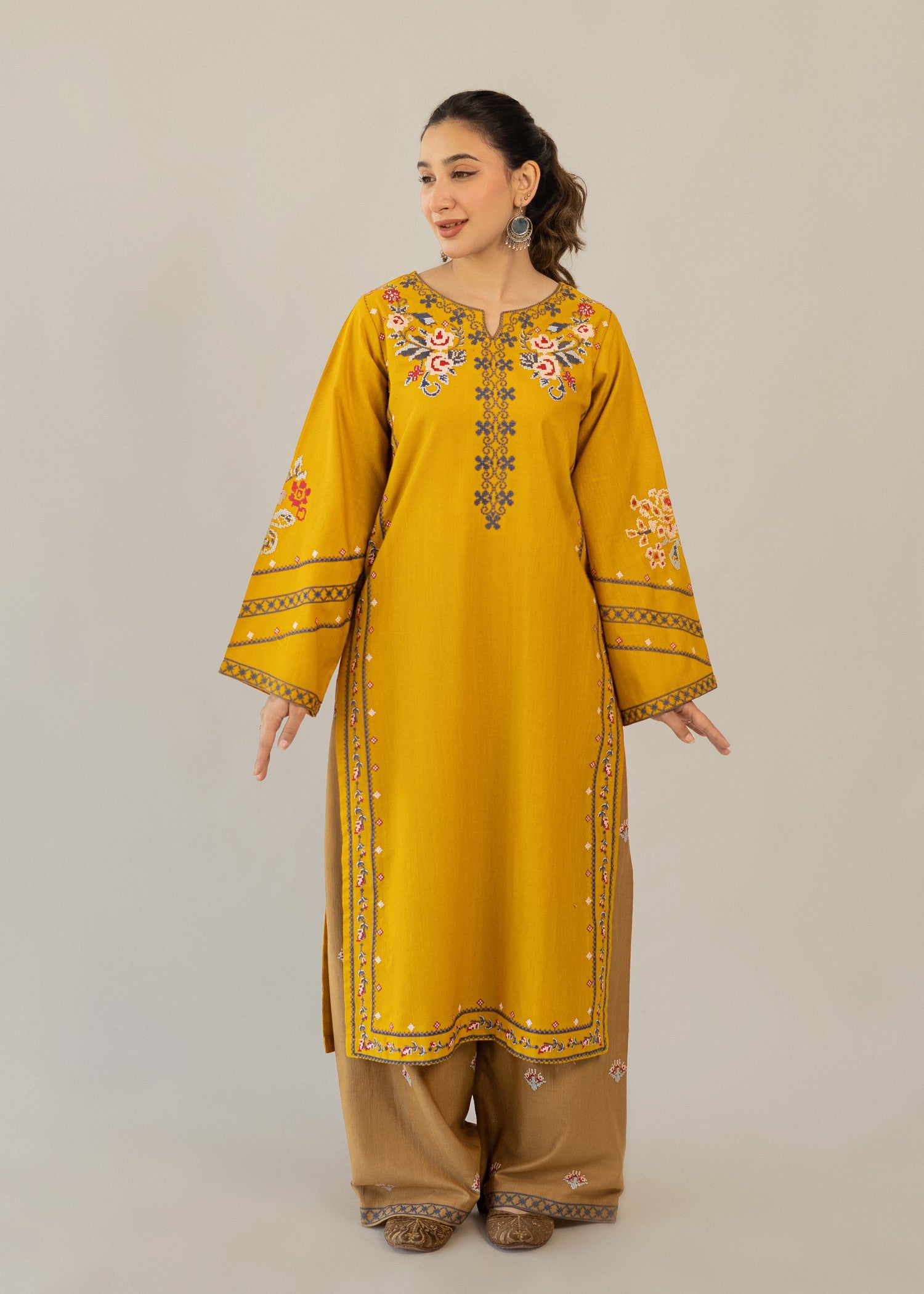 slub khaddar Kurta Set in Mustard, almond brown