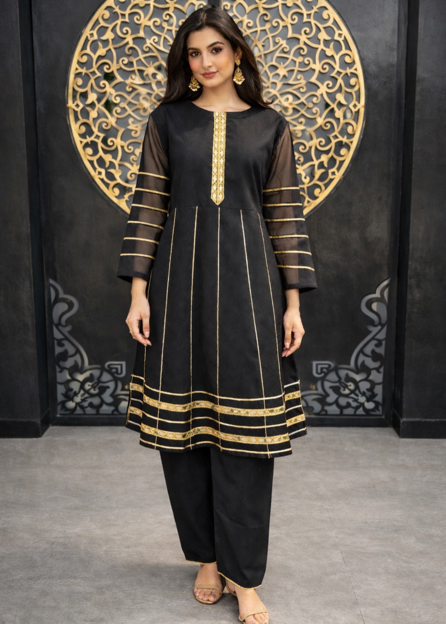 khaddi net Short Frock in Black
