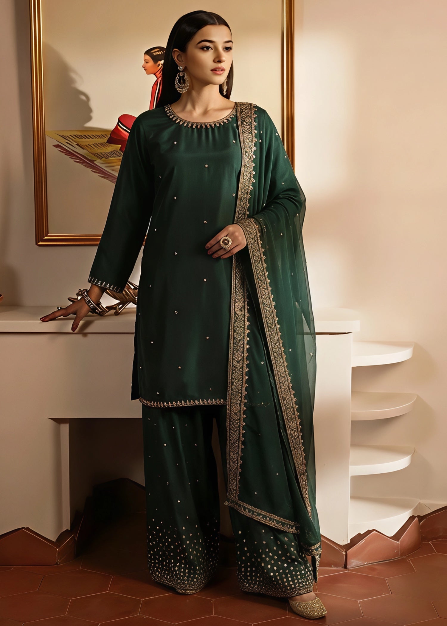 silk Kurta Set in Dark green