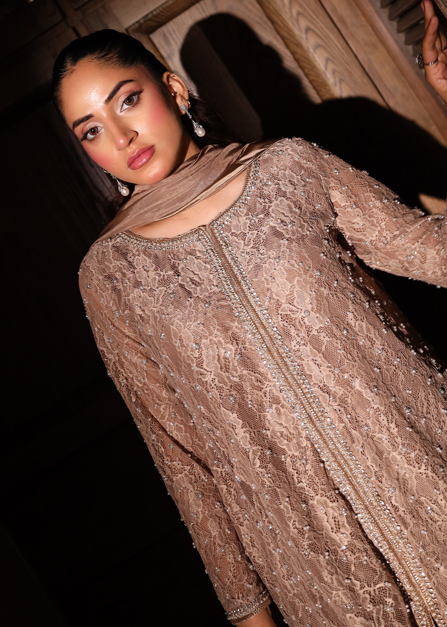 chantelle net Kurta Set in Champagne
