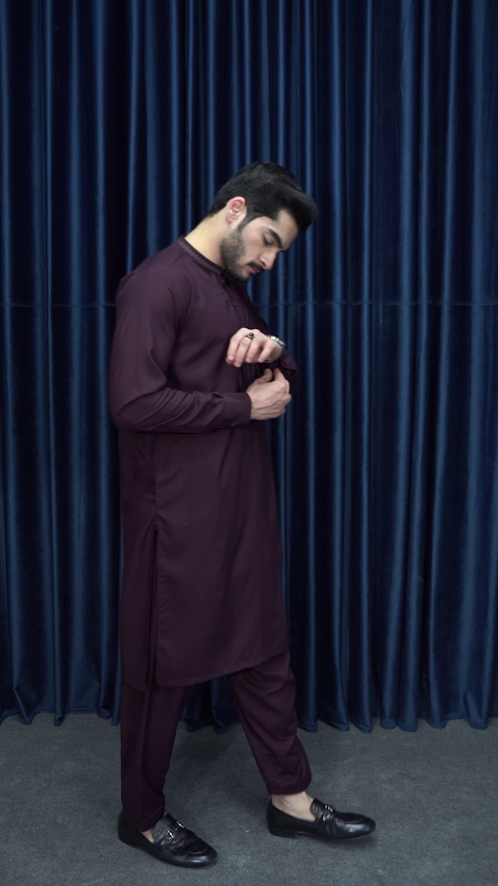 wash & wear Shalwar Kameez in Maroon by Mazham
