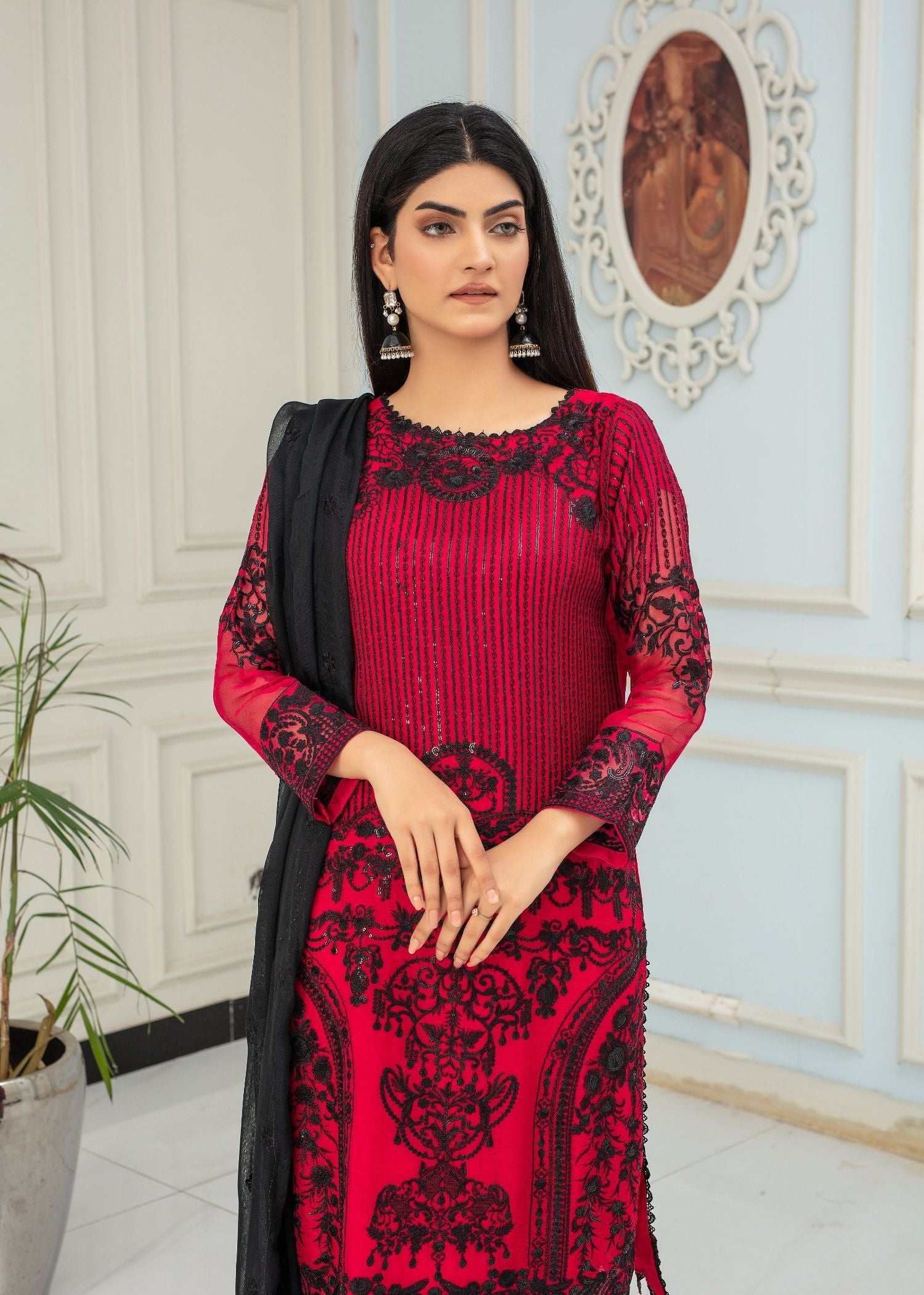 chiffon Kurta Set in Shocking pink