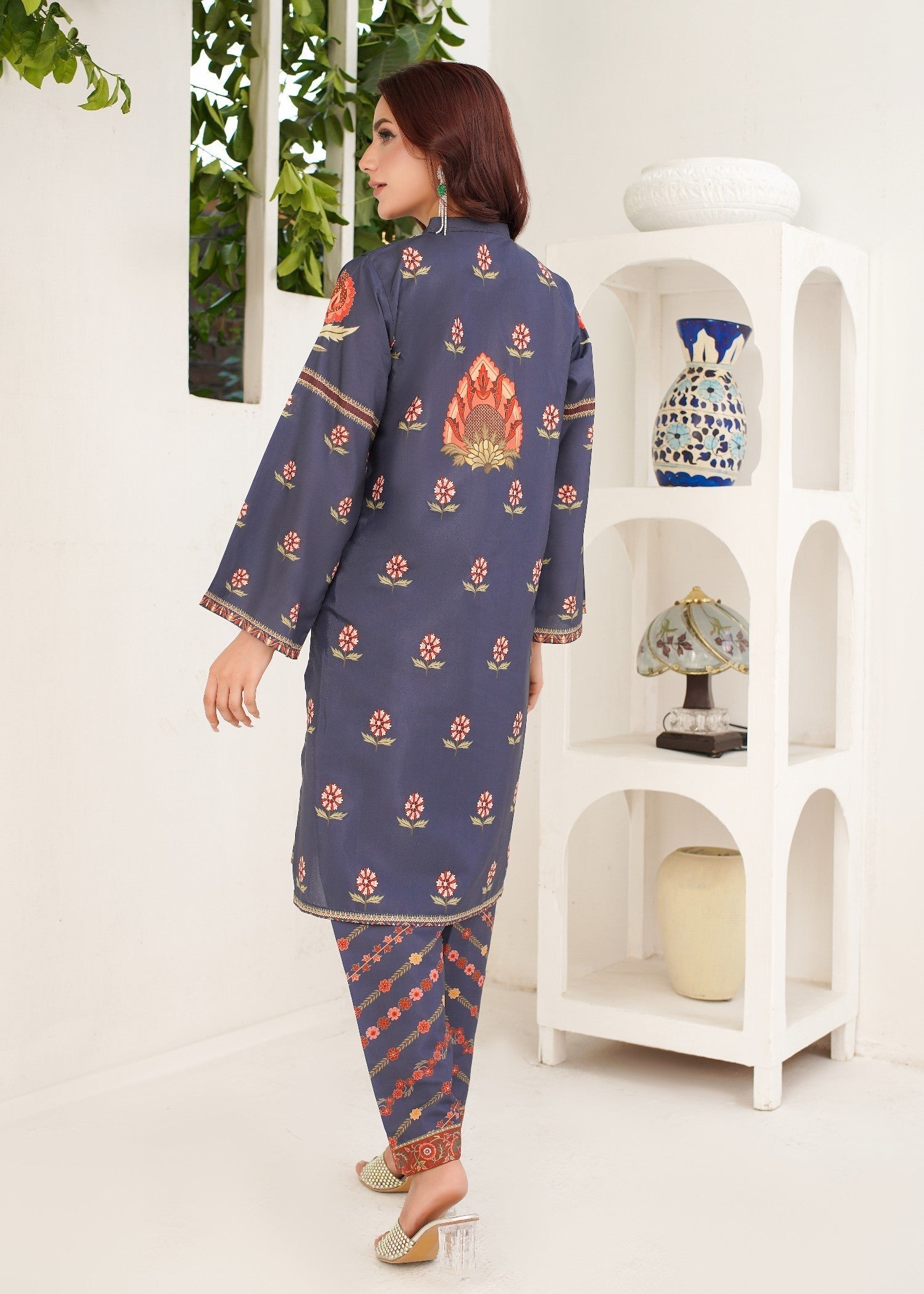 polyester crepe Kurta Set in Navy blue