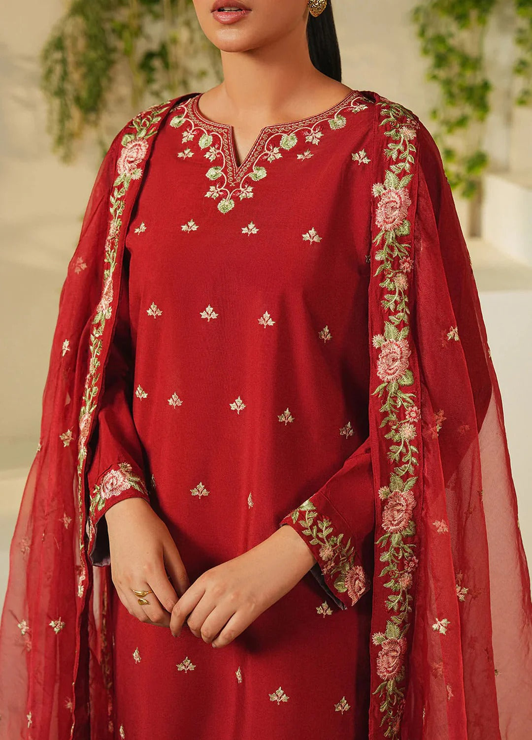 linen Kurta Set in Fire red