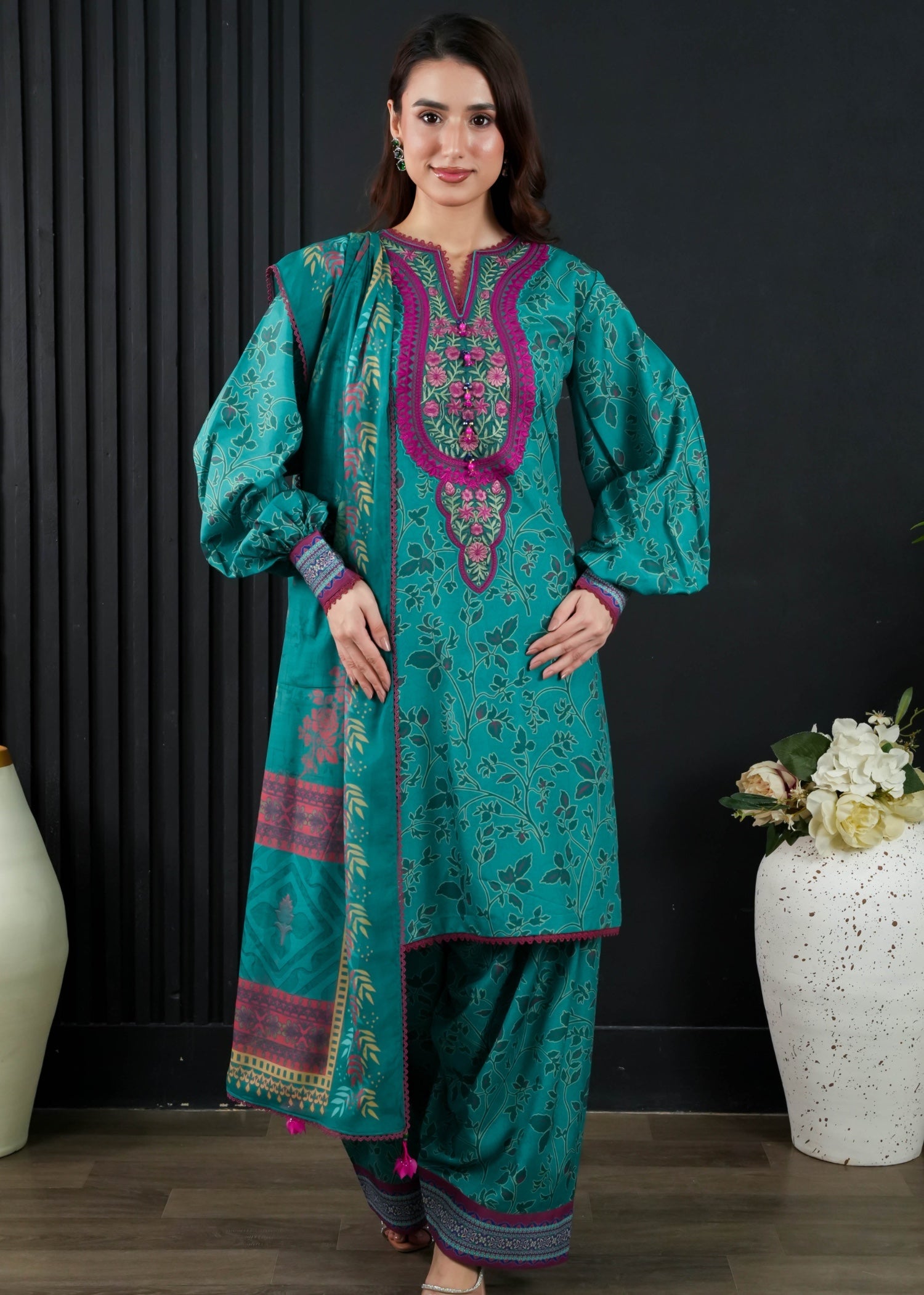 slub cambric Kurta Set in Sea green