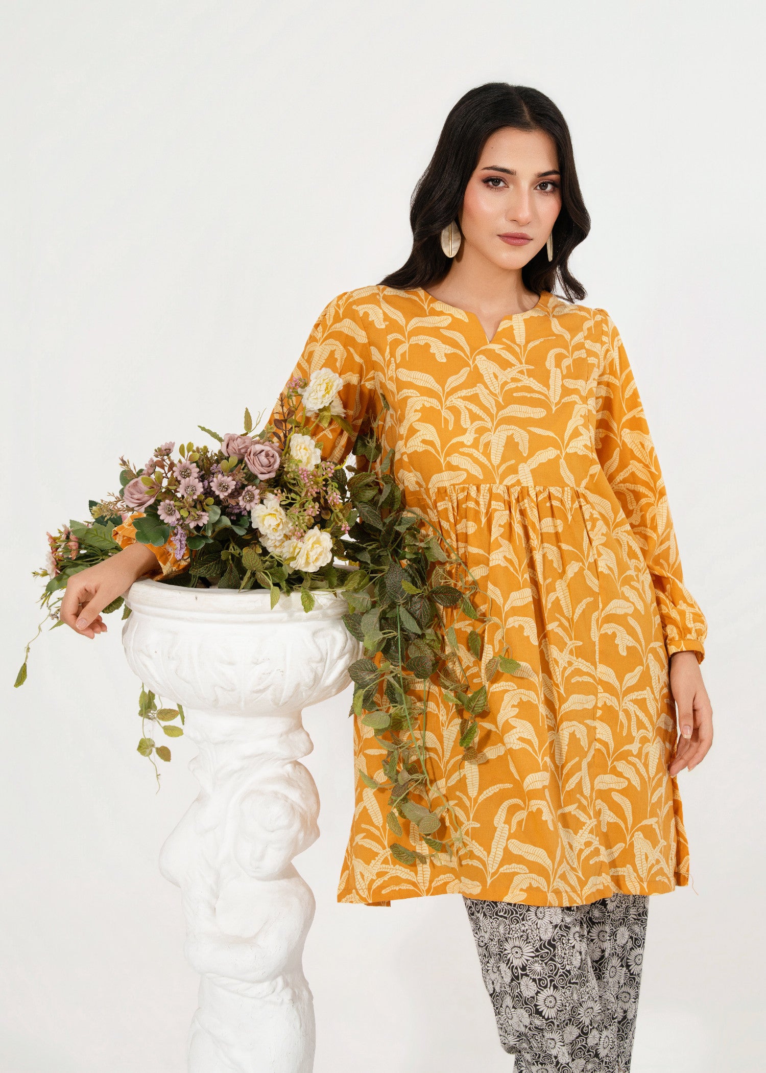 lawn Kurta Set in Black, mustard