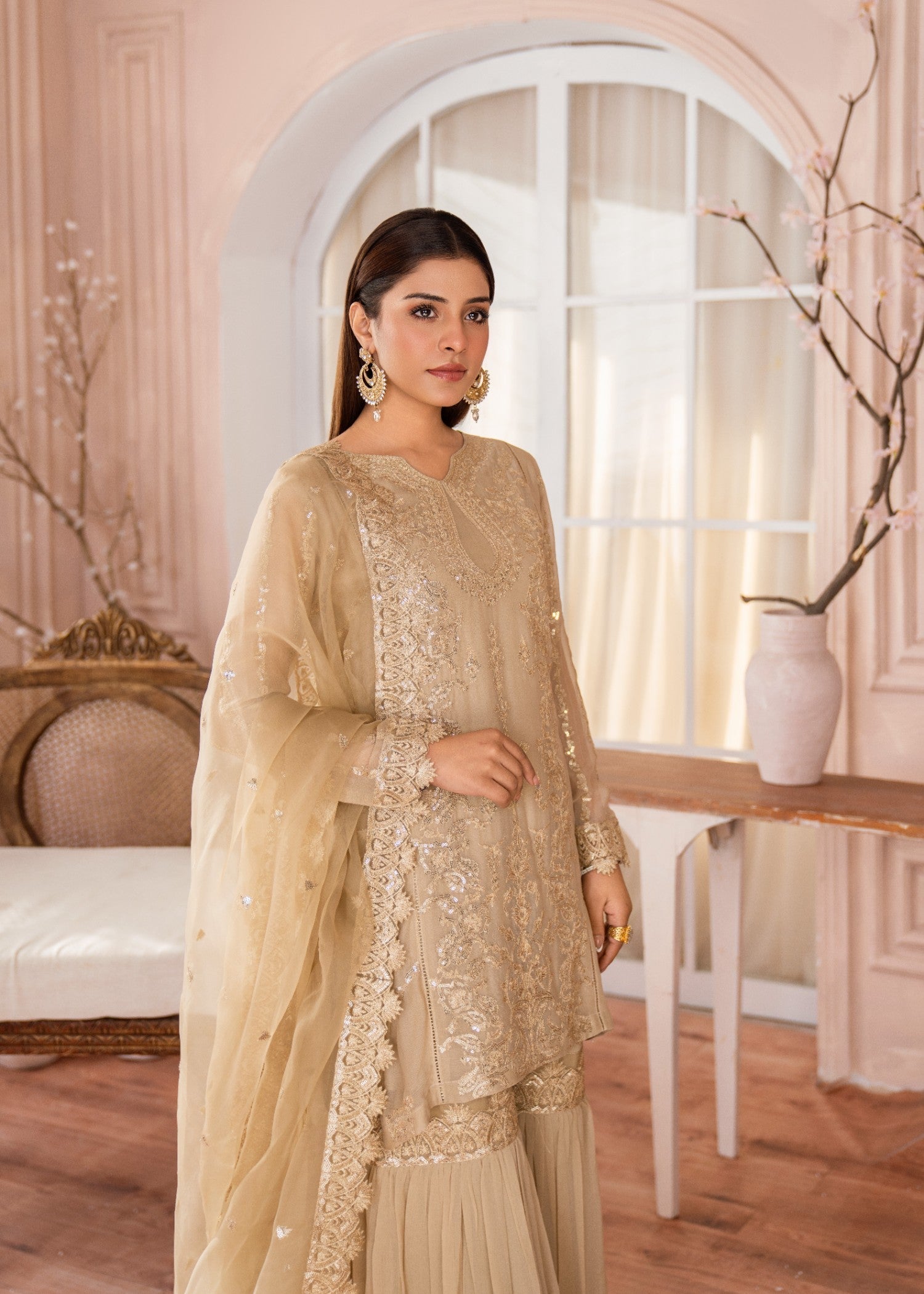 bemberg crinkle chiffon Gharara in Gold