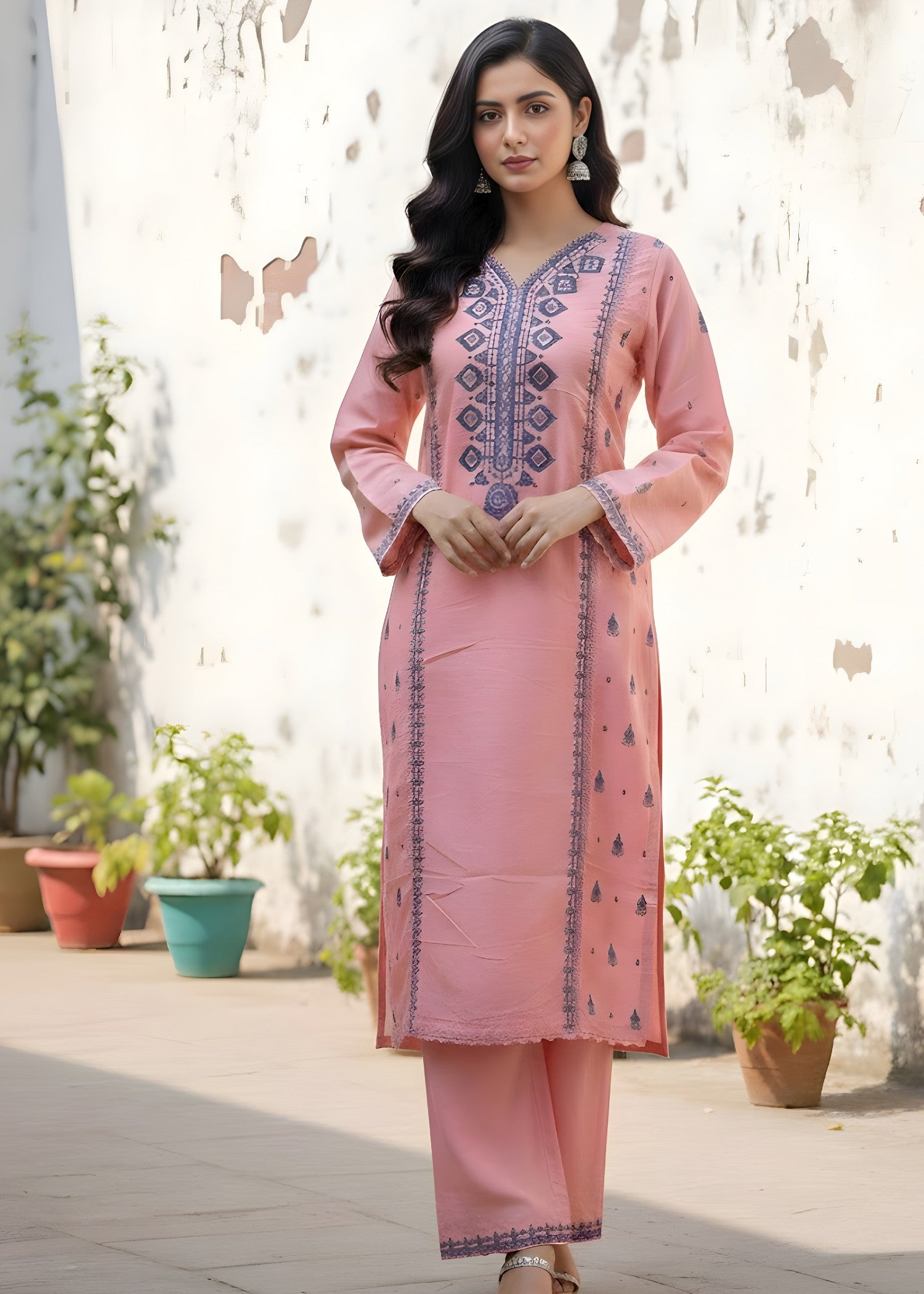 linen Kurta Set in Pink