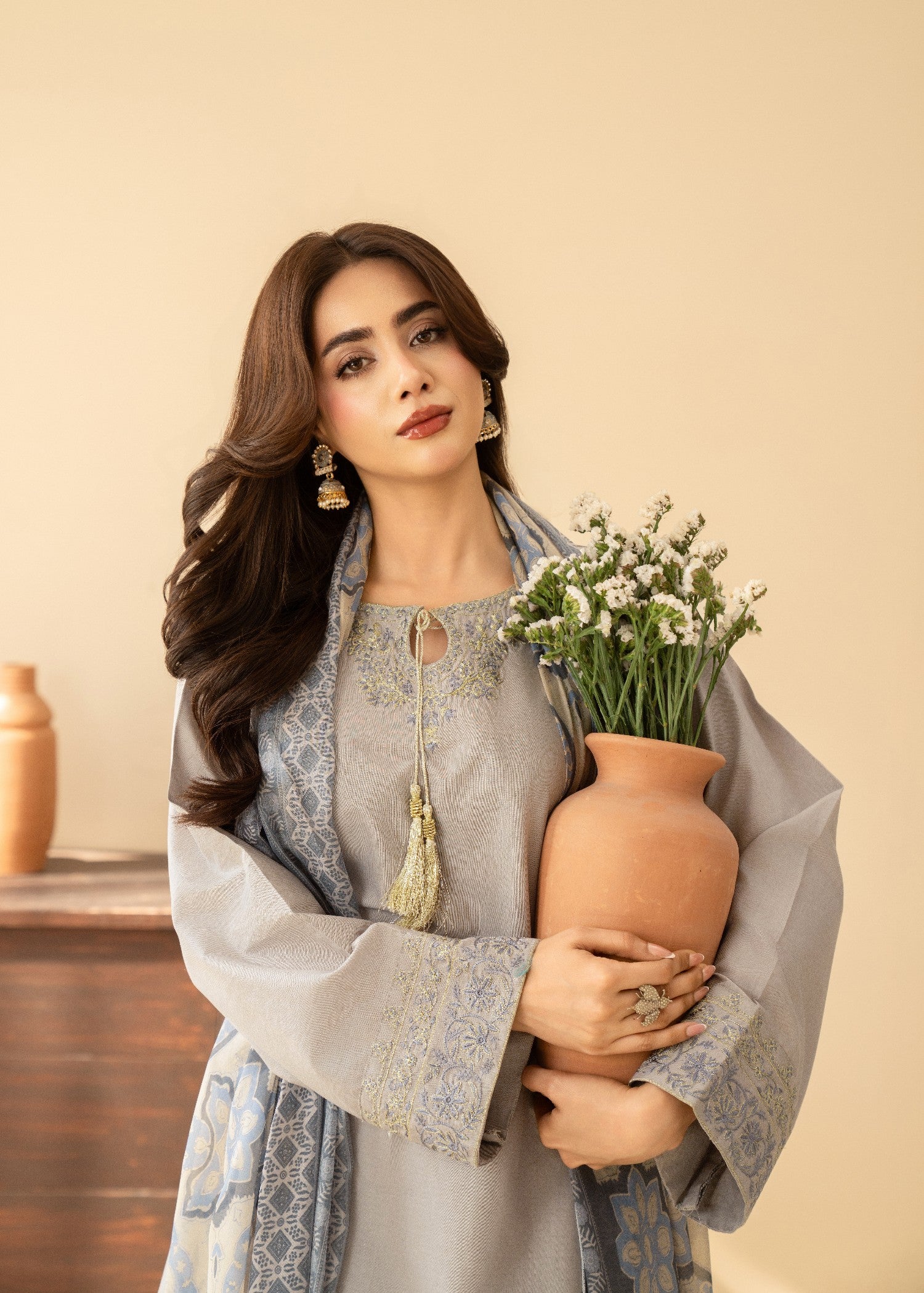 lawn cotton Kurta Set in Light grey