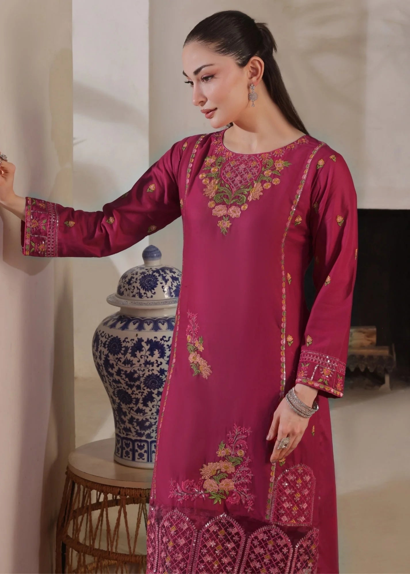 lawn cotton Kurta Set in Magenta