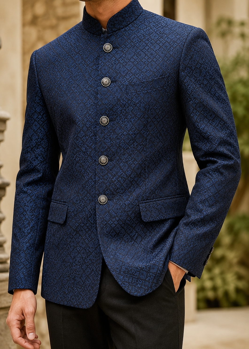 chikankari cotton Prince Coat in Navy blue