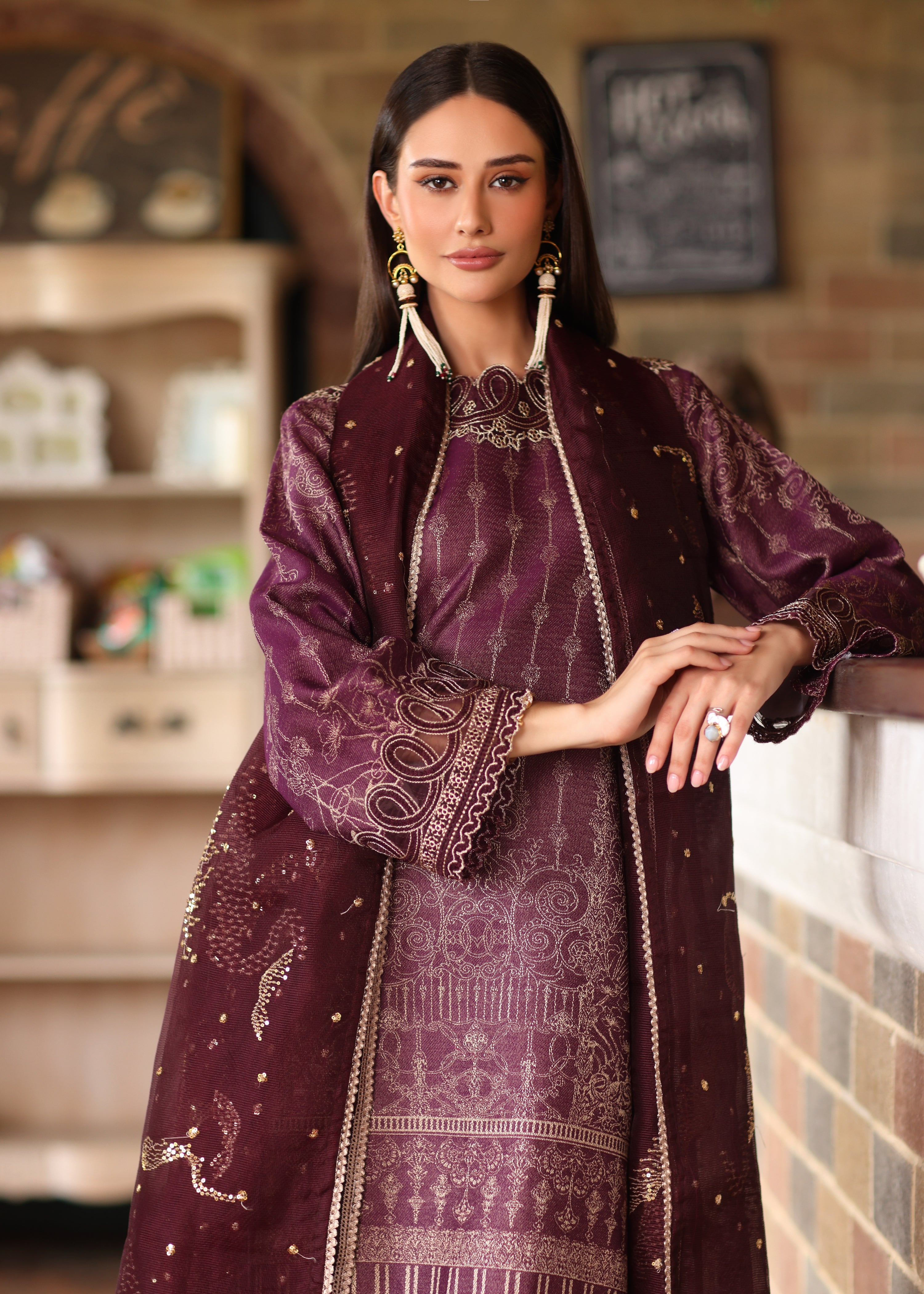 jacquard Kurta Set in Purple