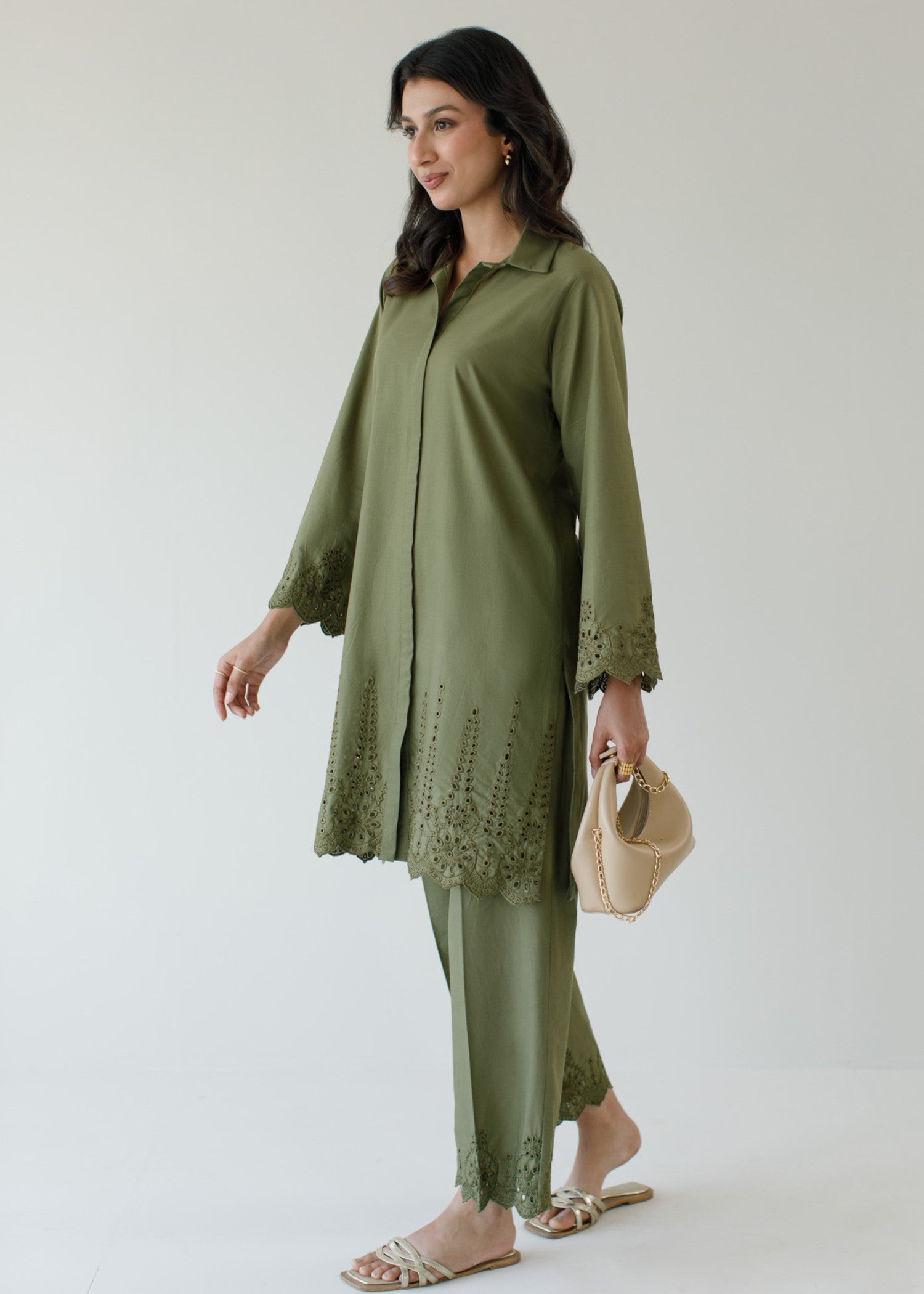 schiffli Co Ord Sets in Olive green