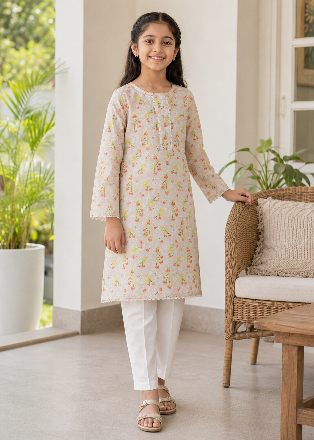 polycotton Kurta Set in Cream, yellow-orange