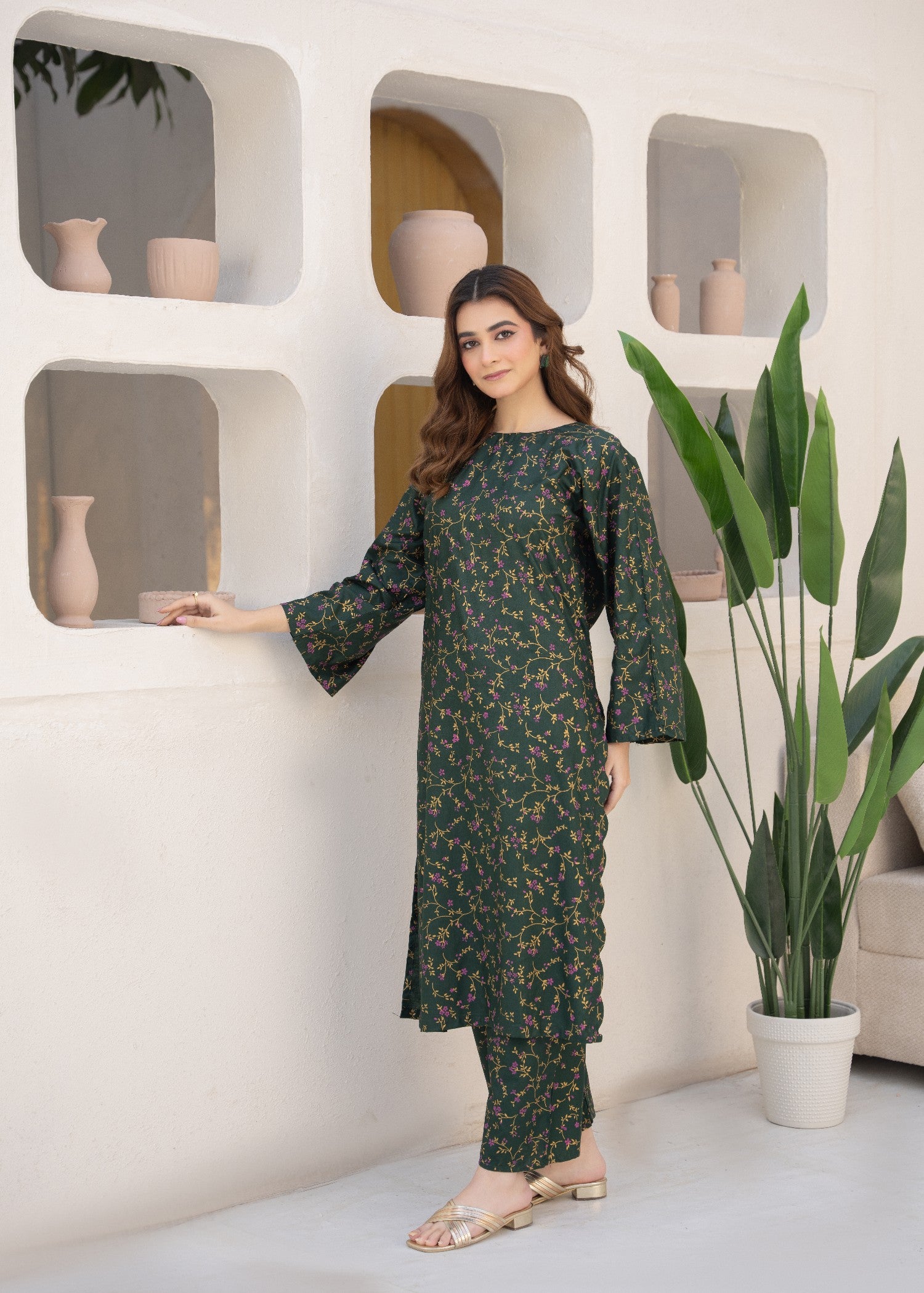 linen Kurta Set in Bottle green