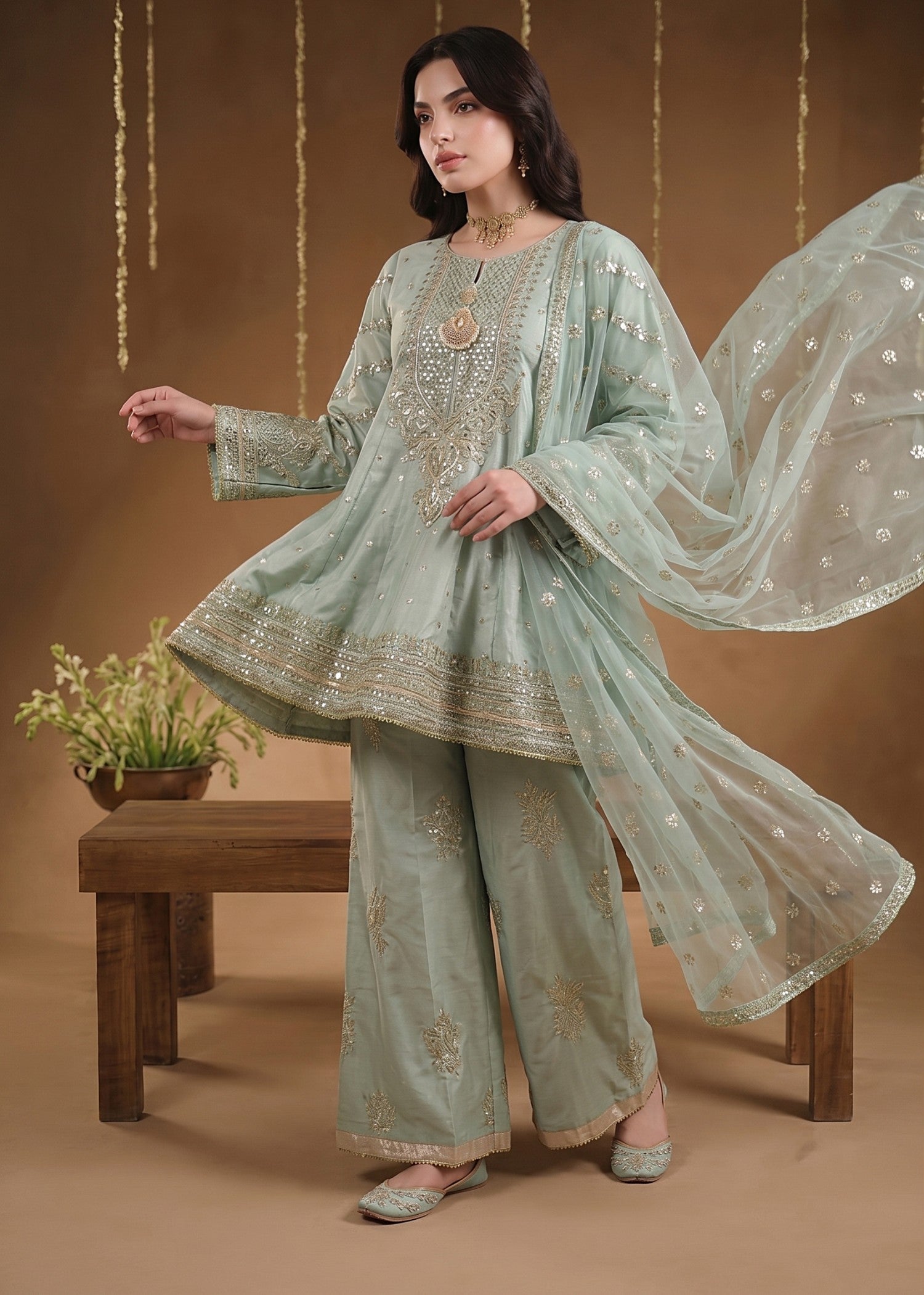 kattan silk Short Frock in Moss green