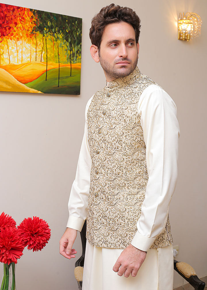 banarsi silk Waistcoat in Gold