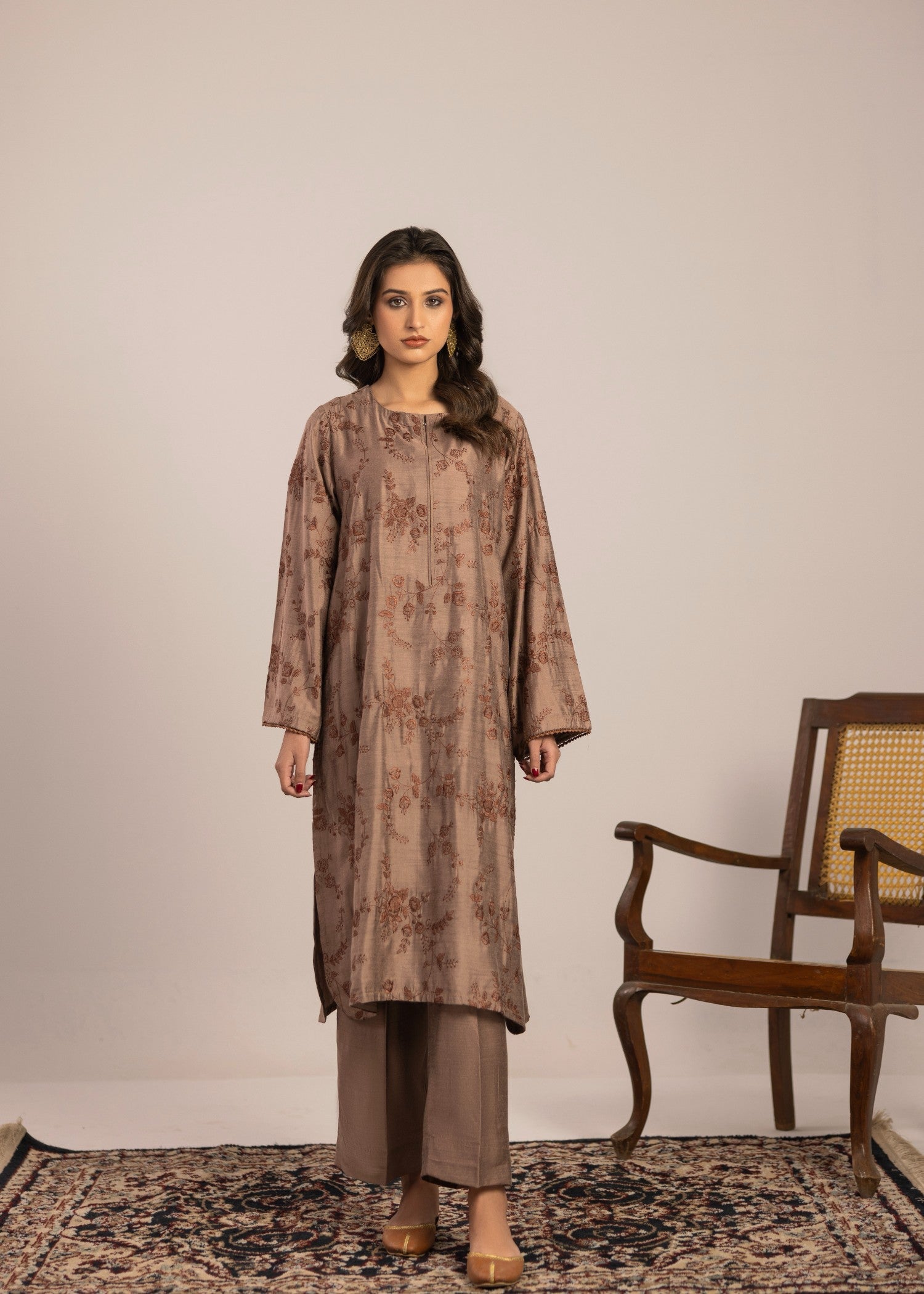 chambray Kurta Set in Brown