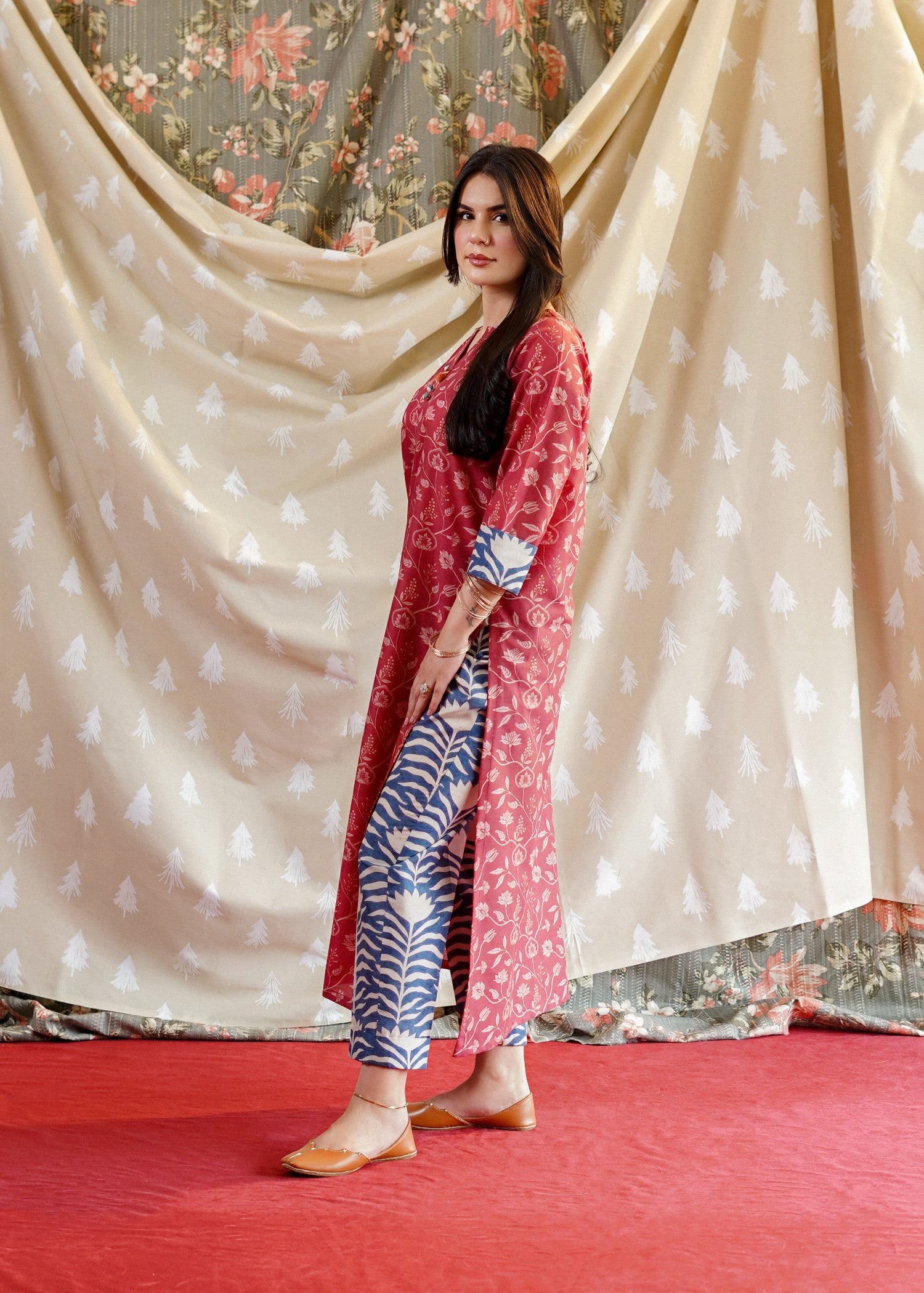 lawn Kurta Set in Brick red