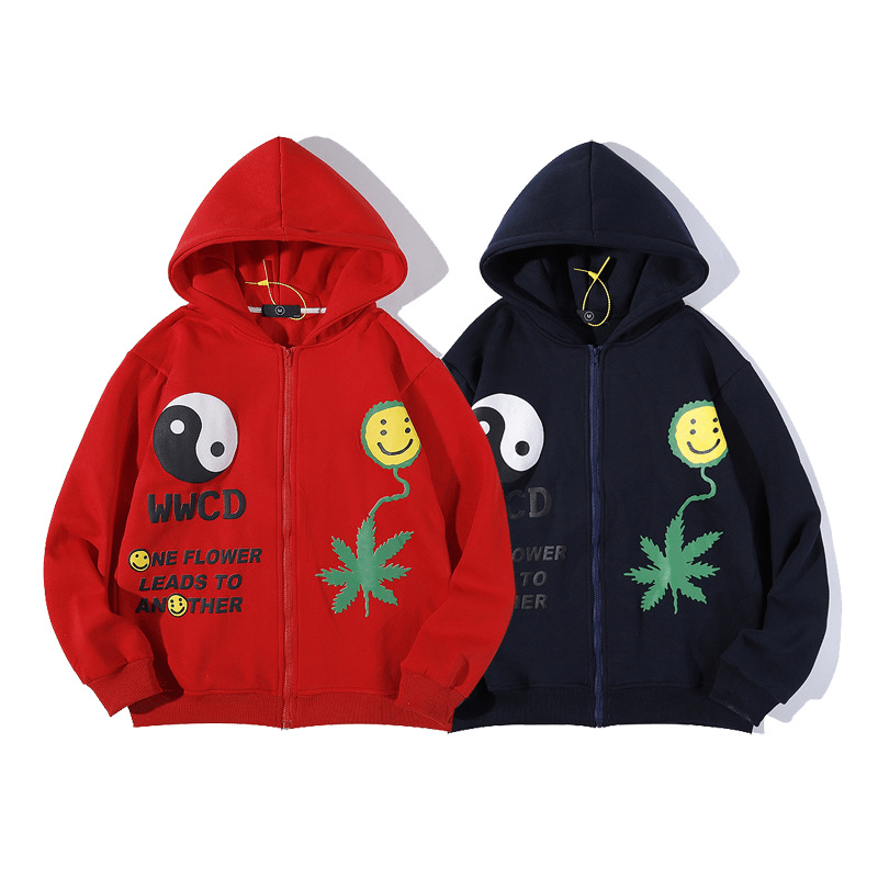 Three-Dimensional Hemp Leaf Smileycardigan Zipper Hooded Sweater