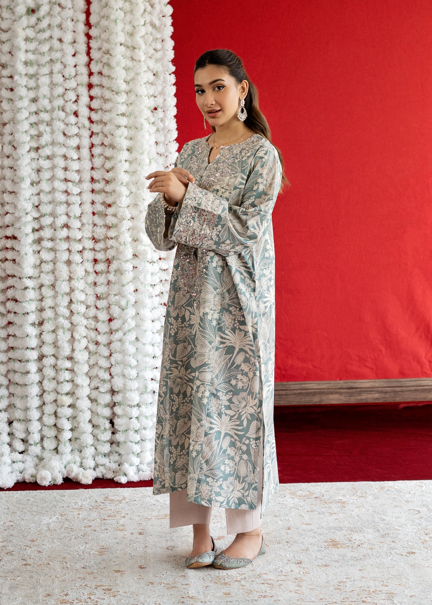 lawn Kurta Set in Duck egg grey