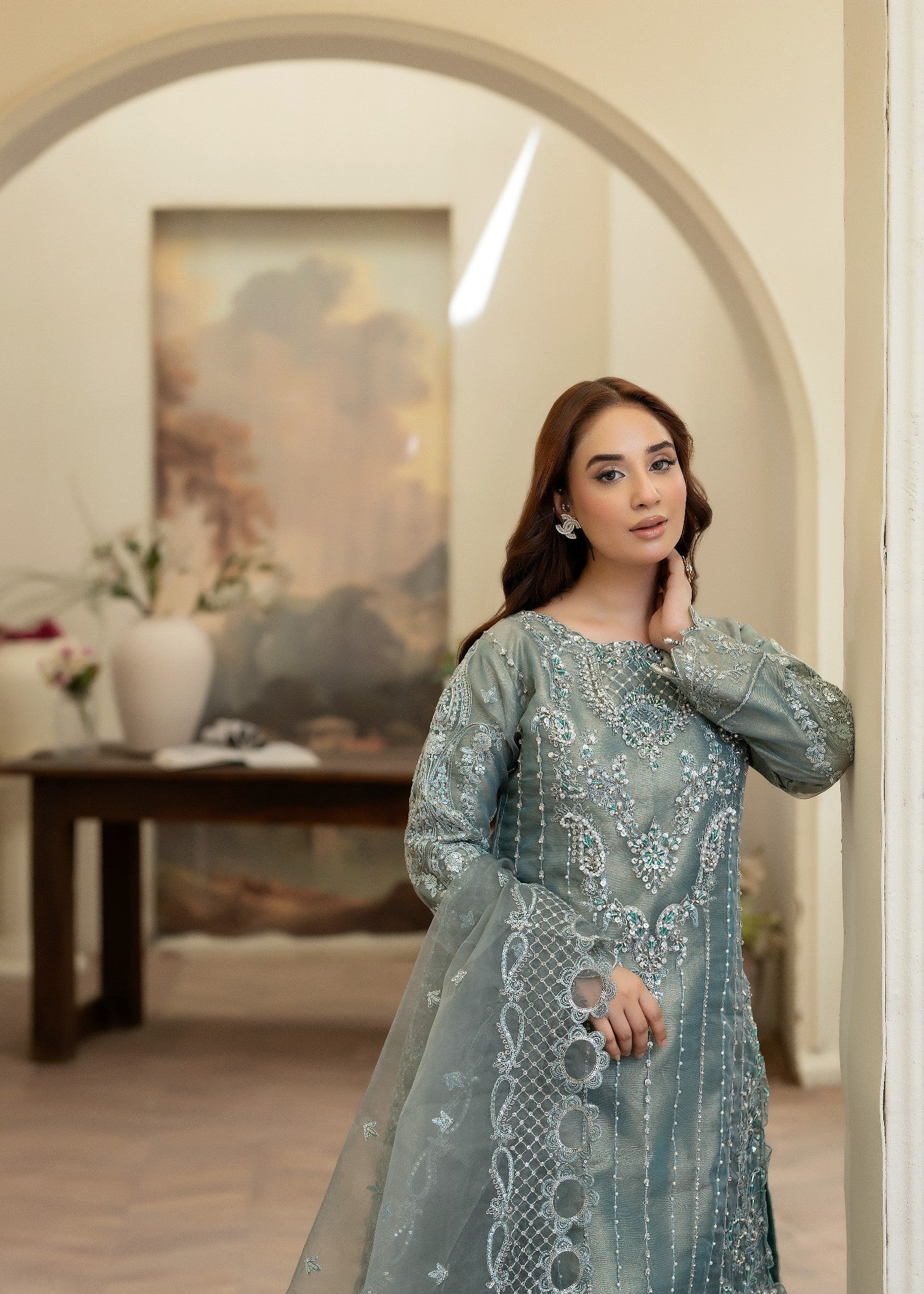 organza Kurta Set in Eucalyptus green