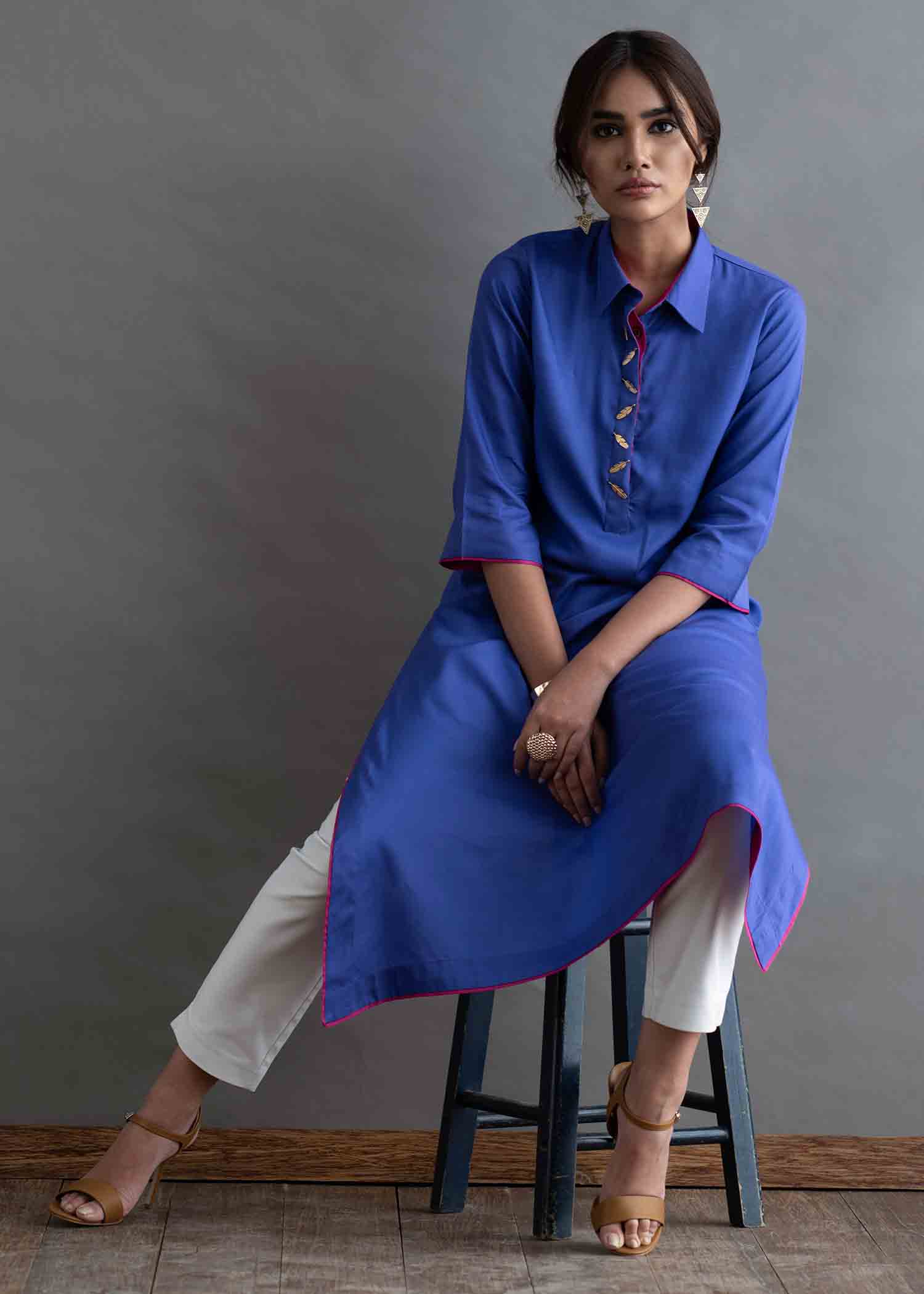 cotton satin Kurta Set in Purple