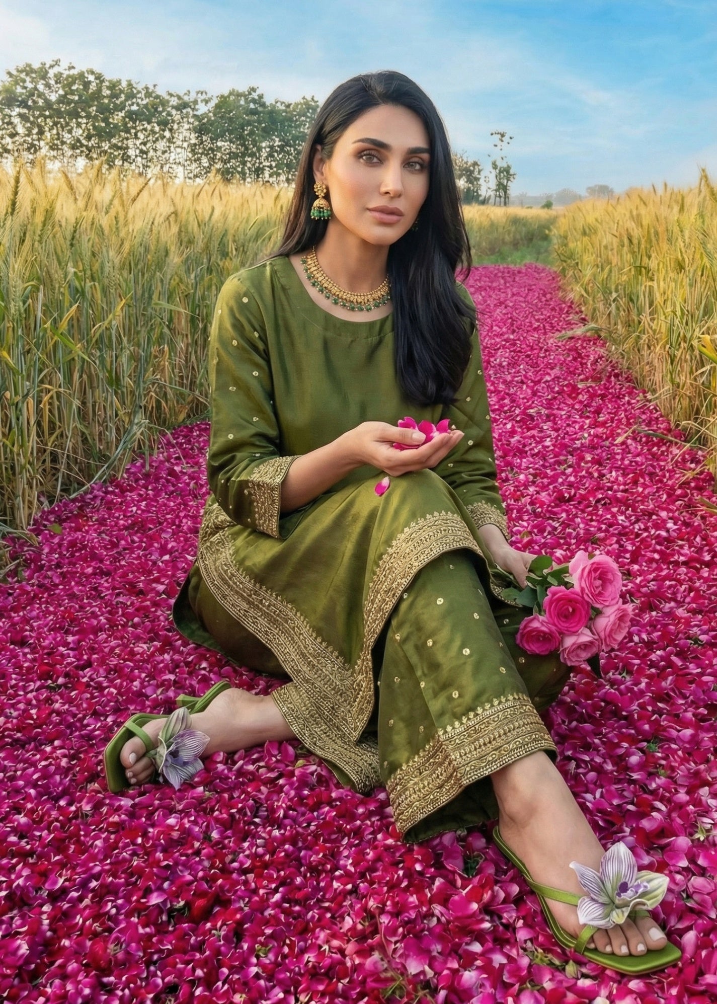 raw silk Kurta Set in Olive green