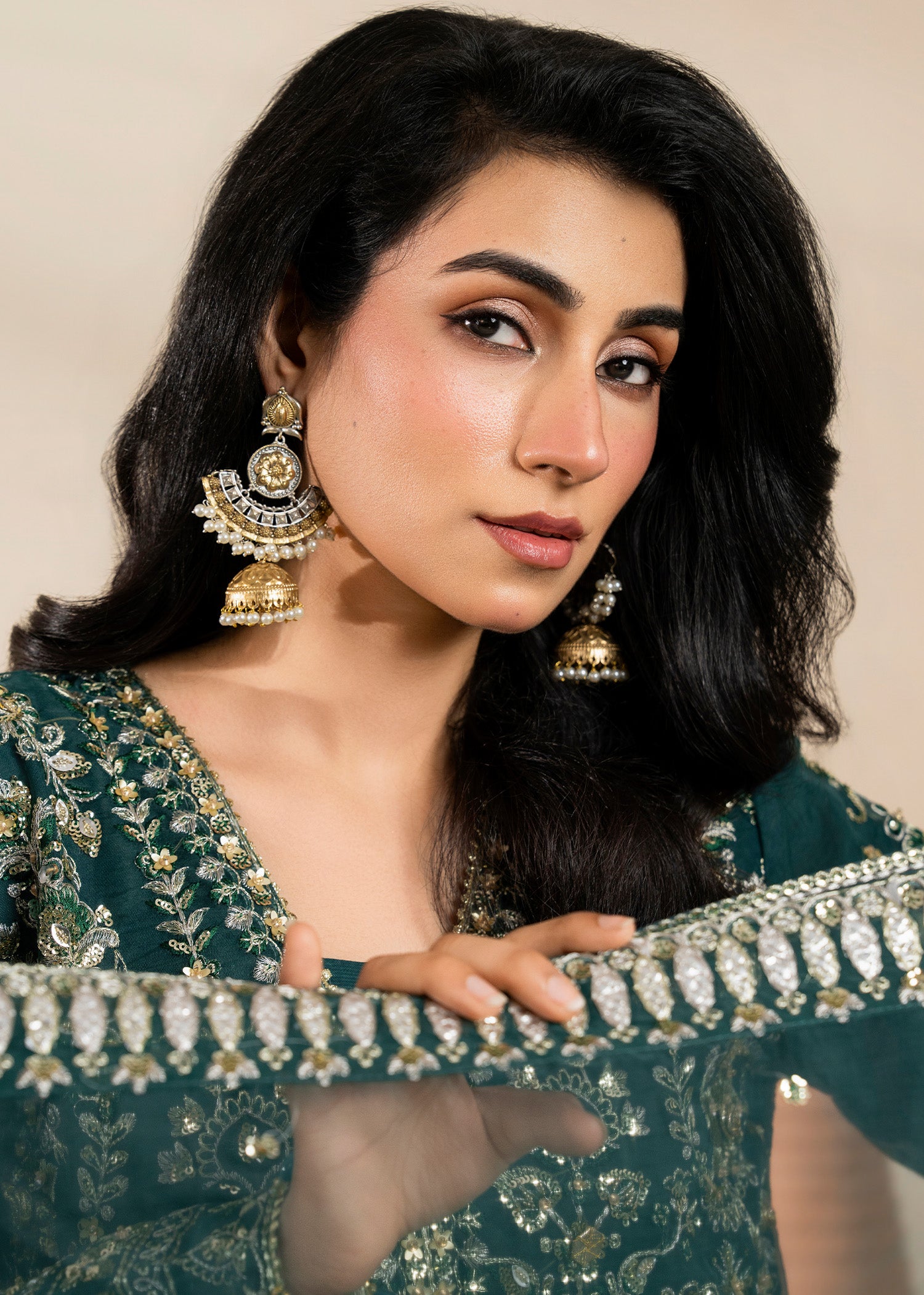 net Kurta Set in Pine green