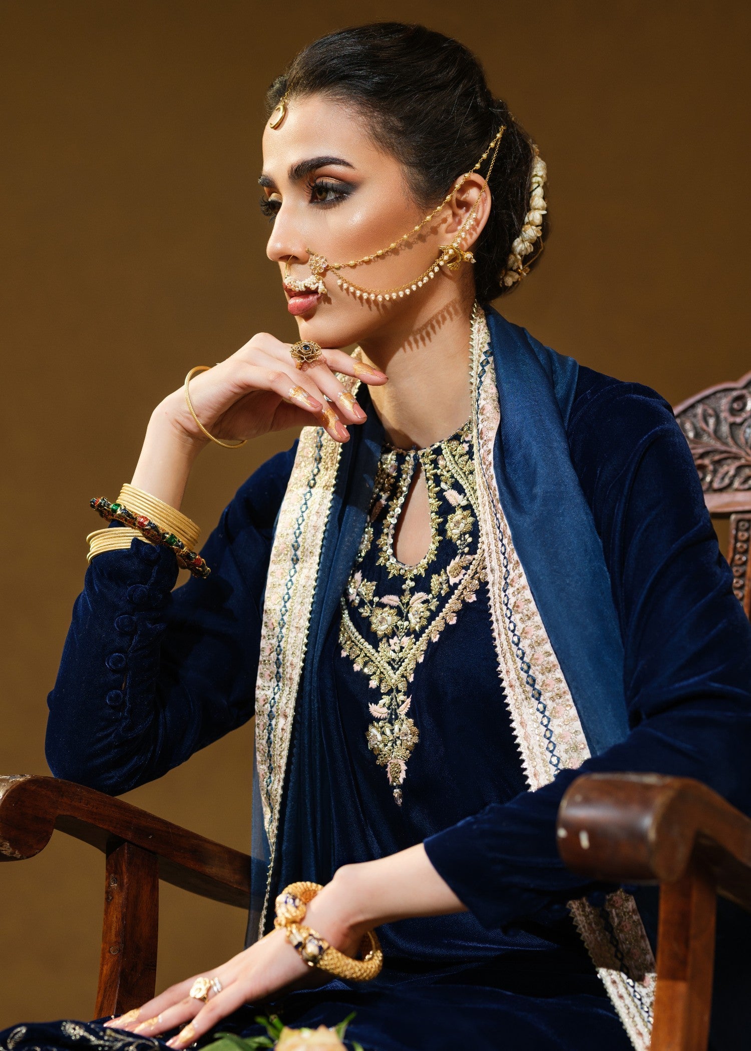 velvet Kurta Set in Navy blue