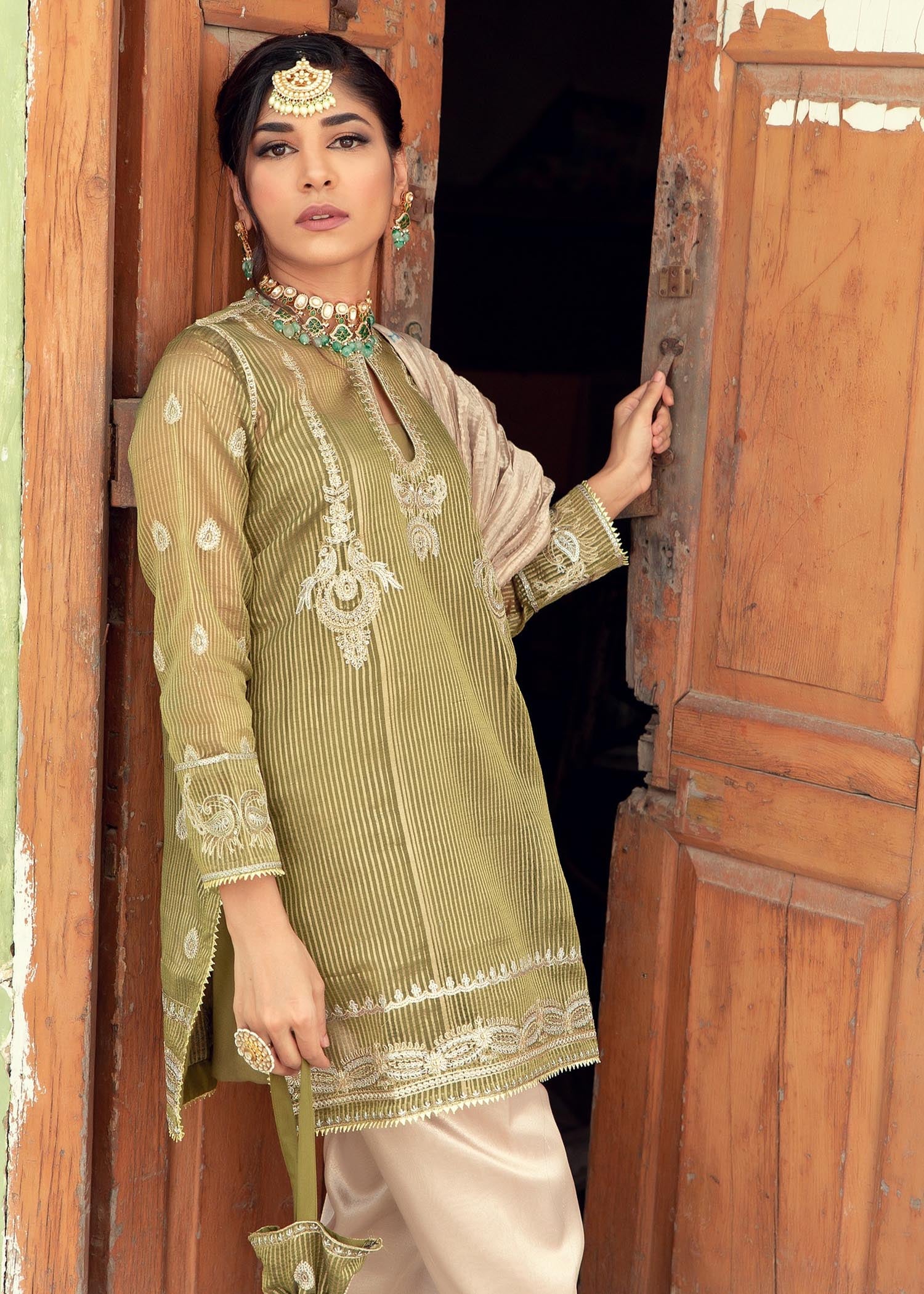 tissue Kurta Set in Sage green