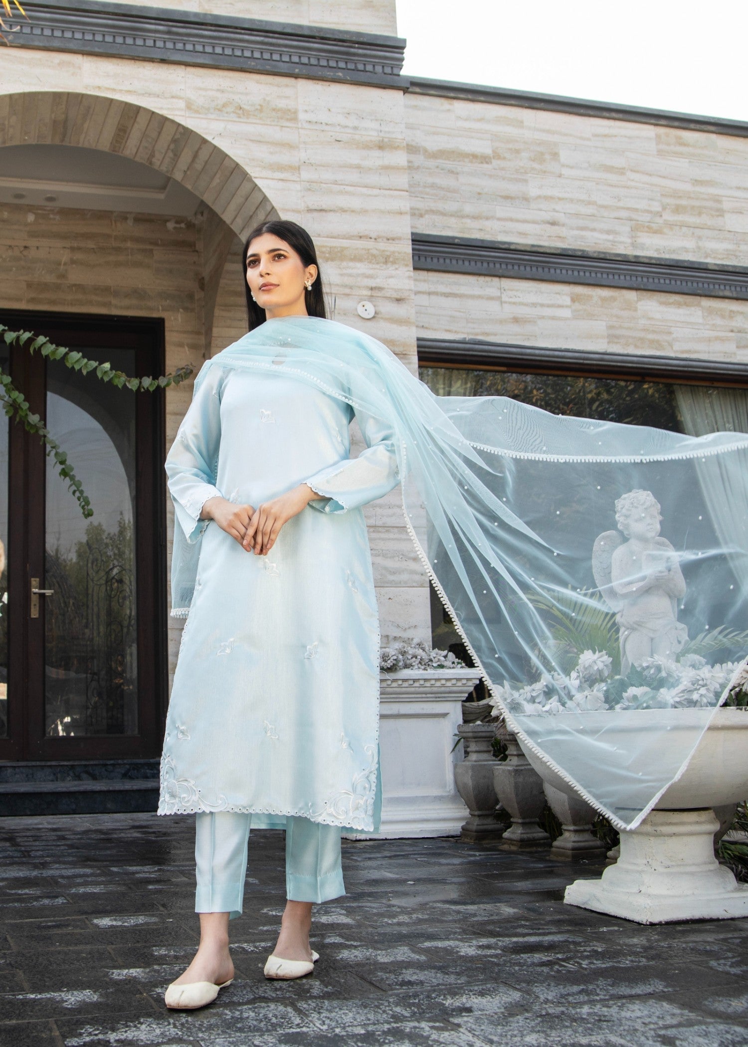 poly silk Kurta Set in Ice blue