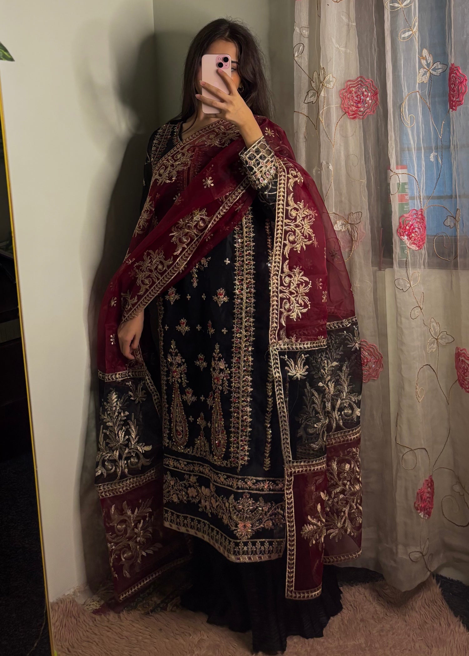organza Sharara in Maroon, black