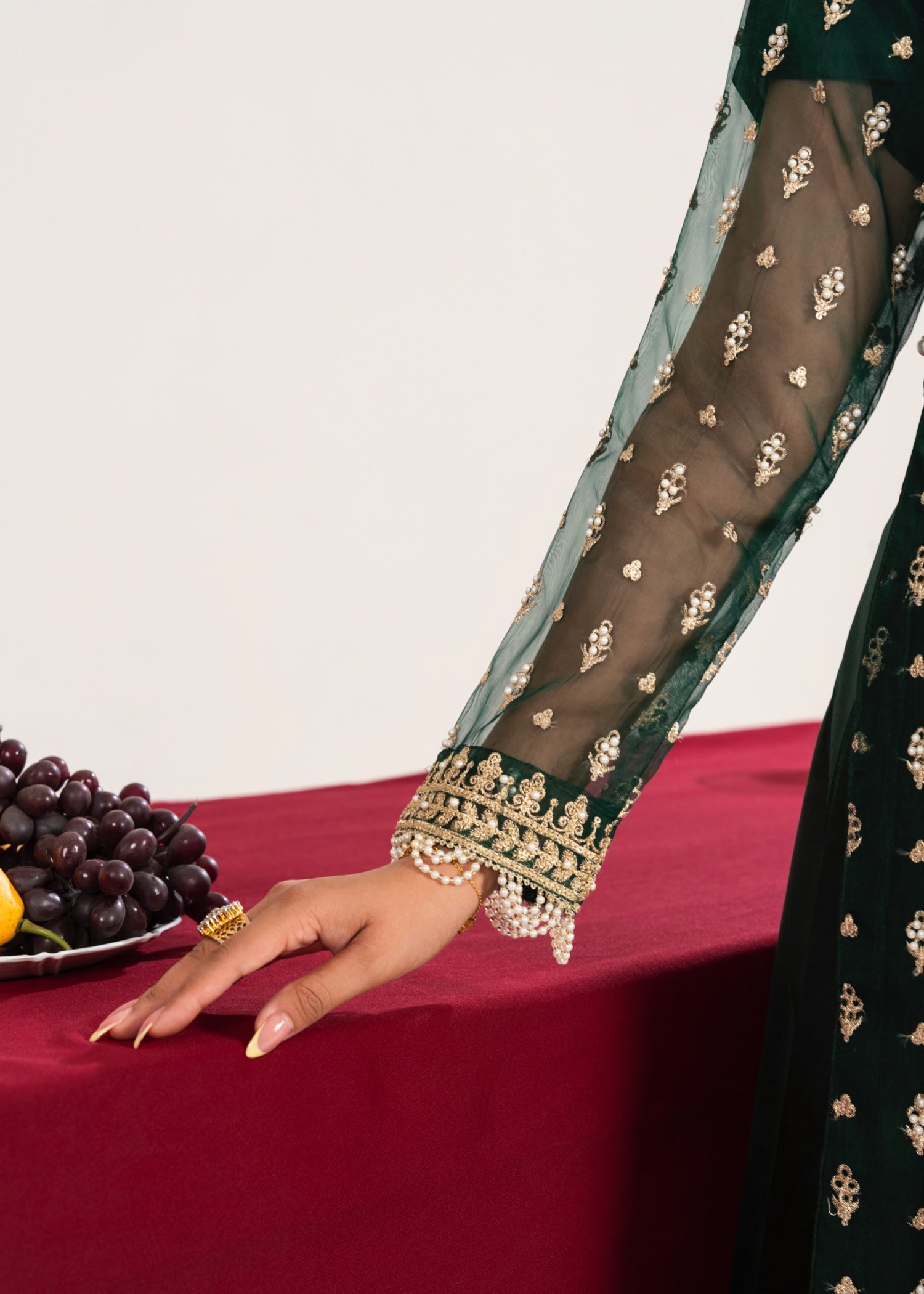 kattan silk Pishwas in Dark green