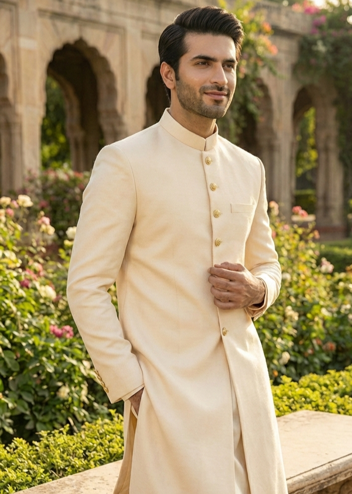 jamawar Sherwani in Wheat, gold