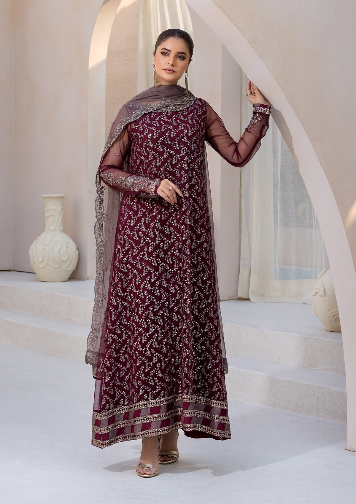 net Kurta Set in Maroon