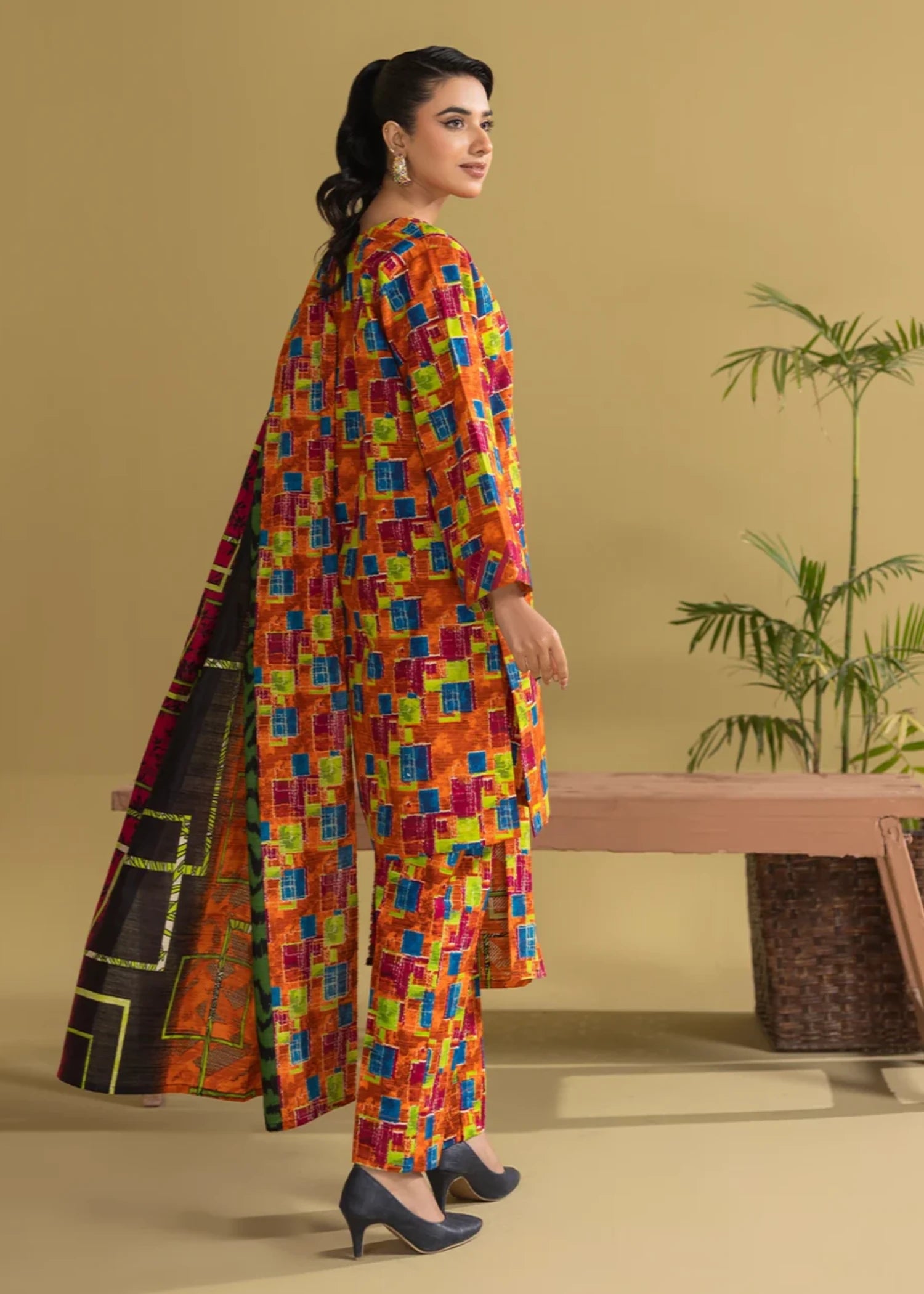 khaddar Unstitched in Multi, orange