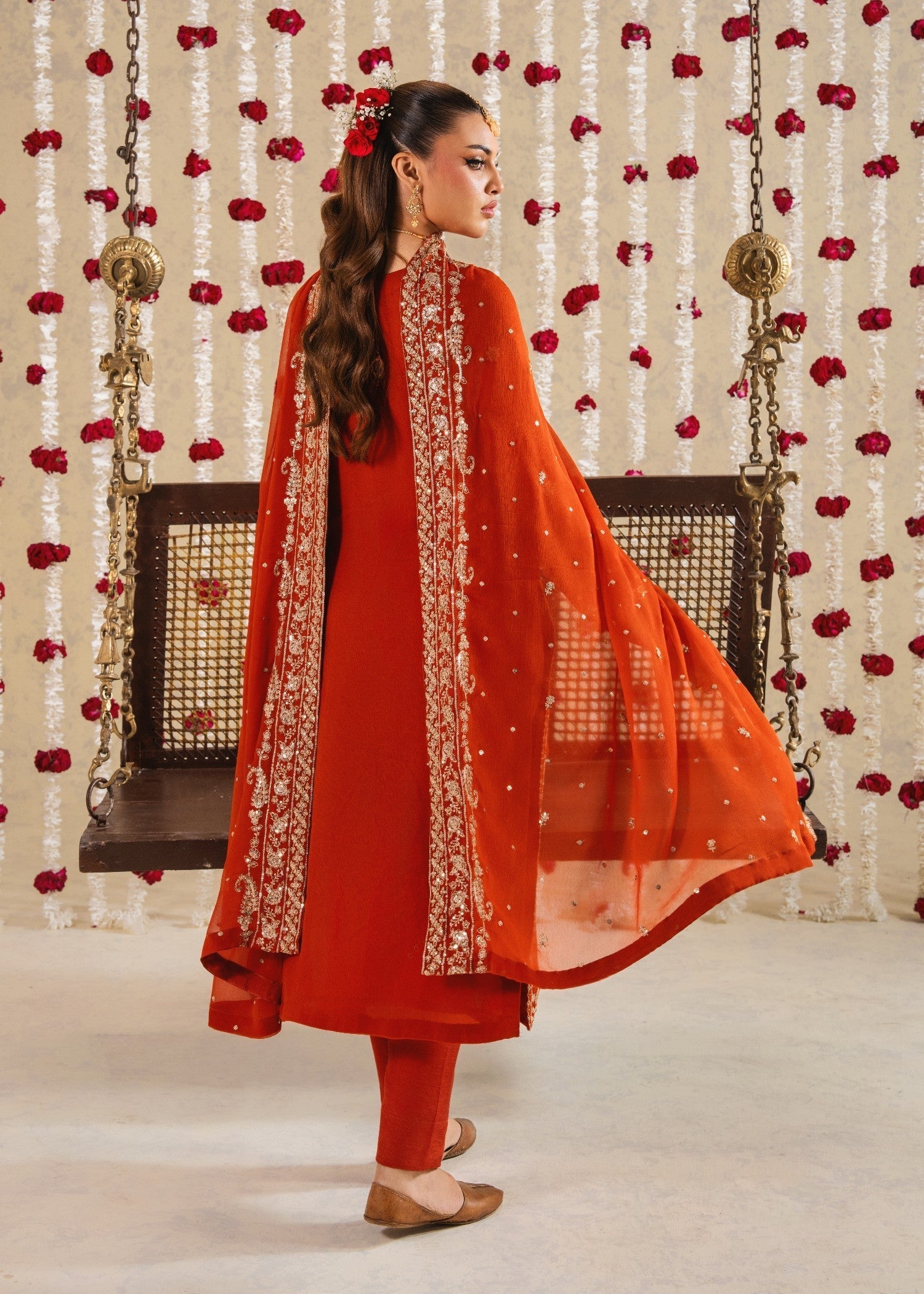 chiffon Kurta Set in Rust red
