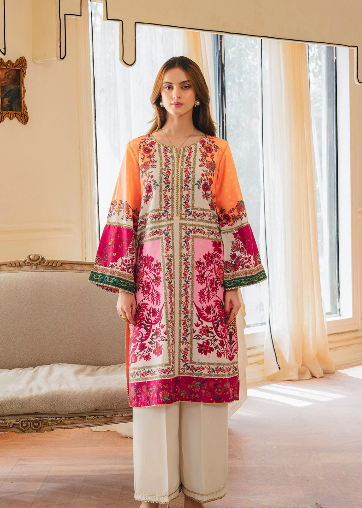 raw silk Kurta Set in Coral orange, bubblegum pink, red