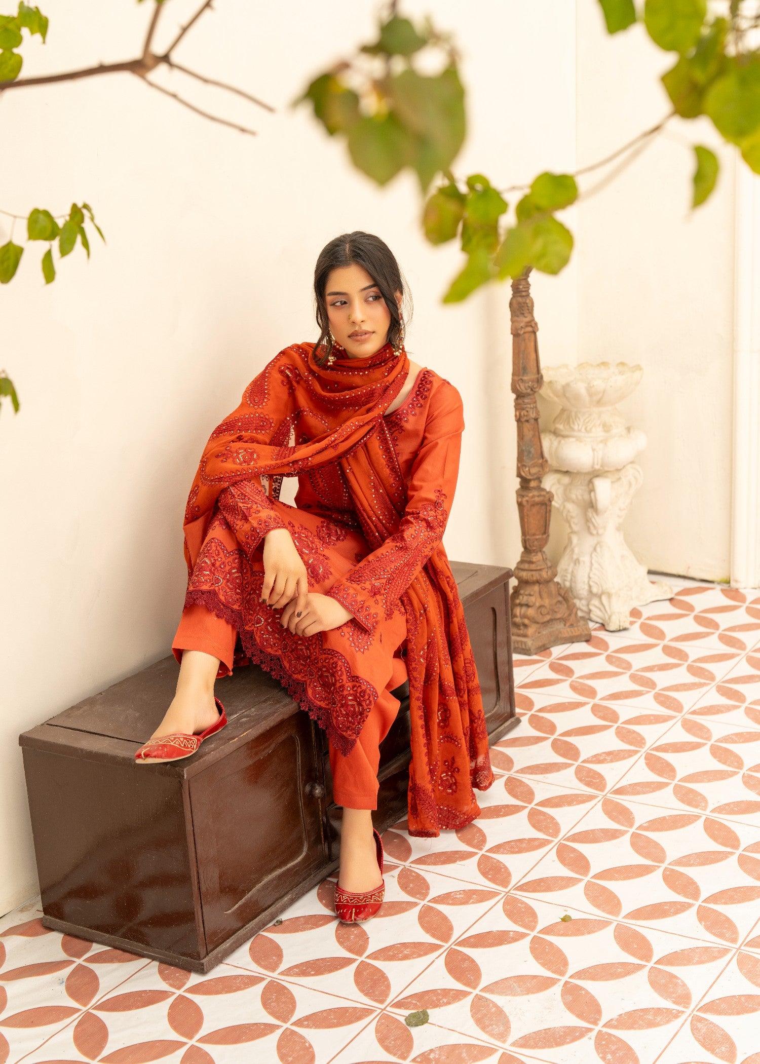 lawn cotton Kurta Set in Chili orange