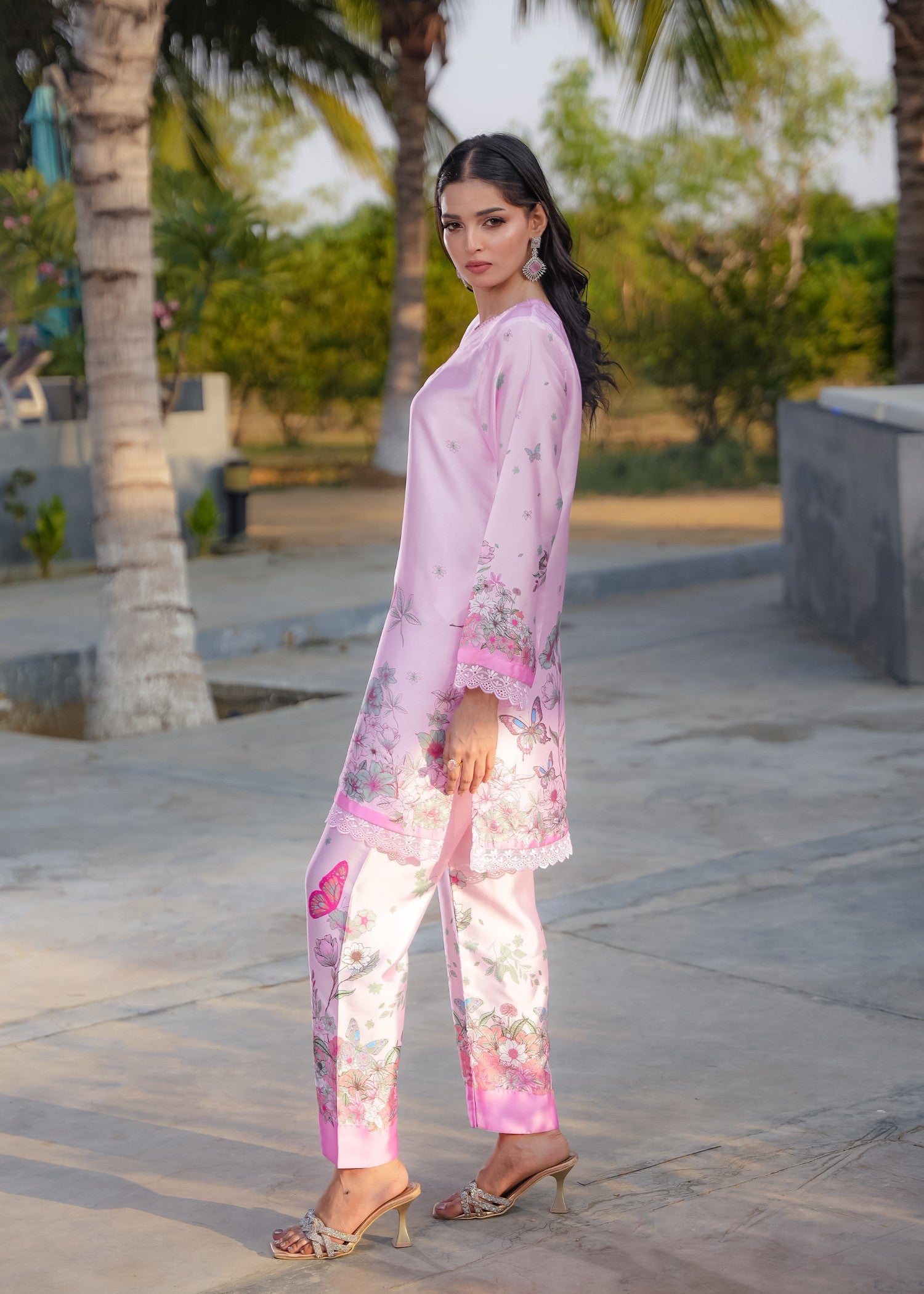 silk charmeuse Kurta Set in Bubblegum pink